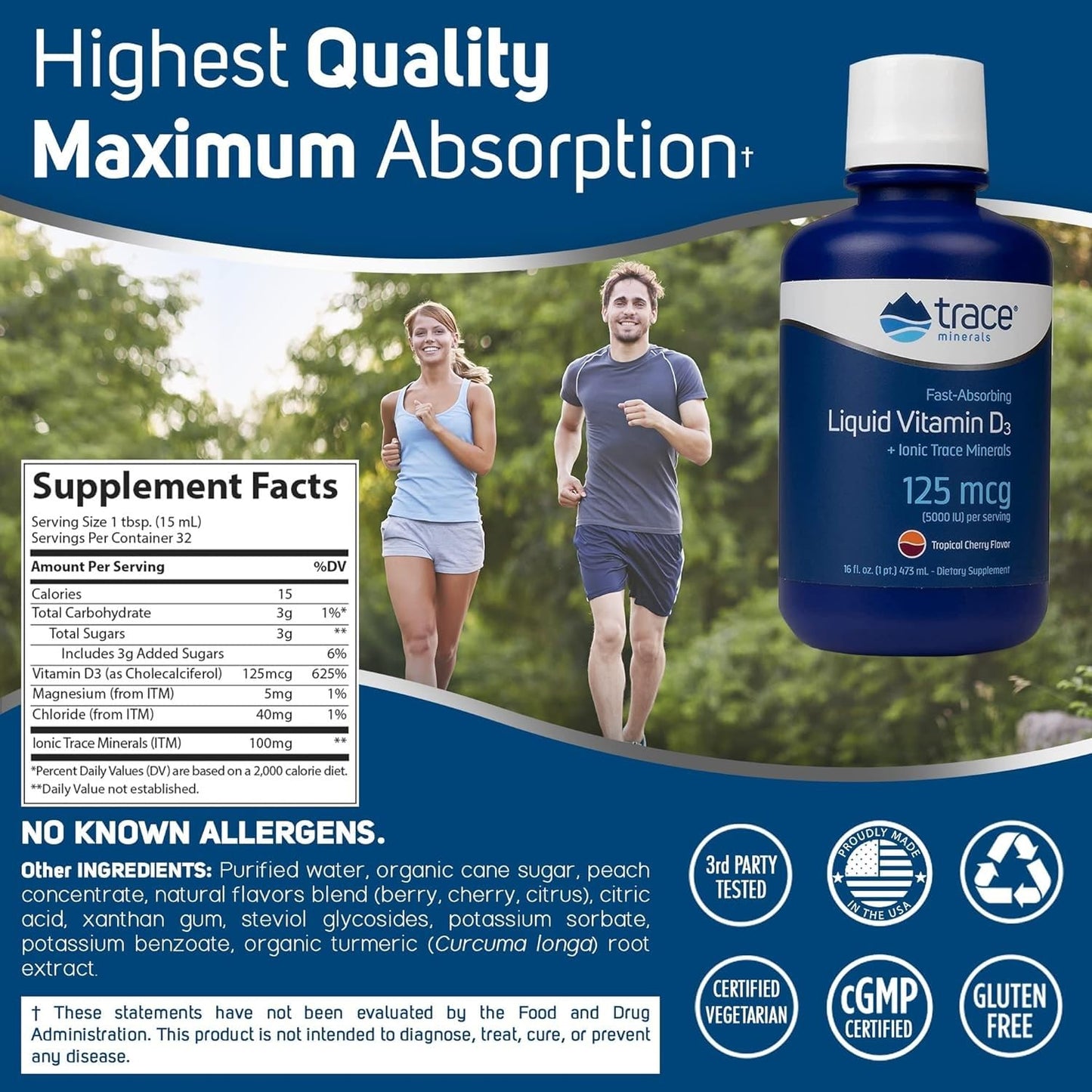 Trace Minerals | Liquid Vitamin D3 | 126 mcg (5000 IU) D3 with Full Spectrum of Ionic Trace Minerals | Fast Absorbing, High Potency | Natural Tropical Cherry Flavor | 32 Servings, 16 fl oz