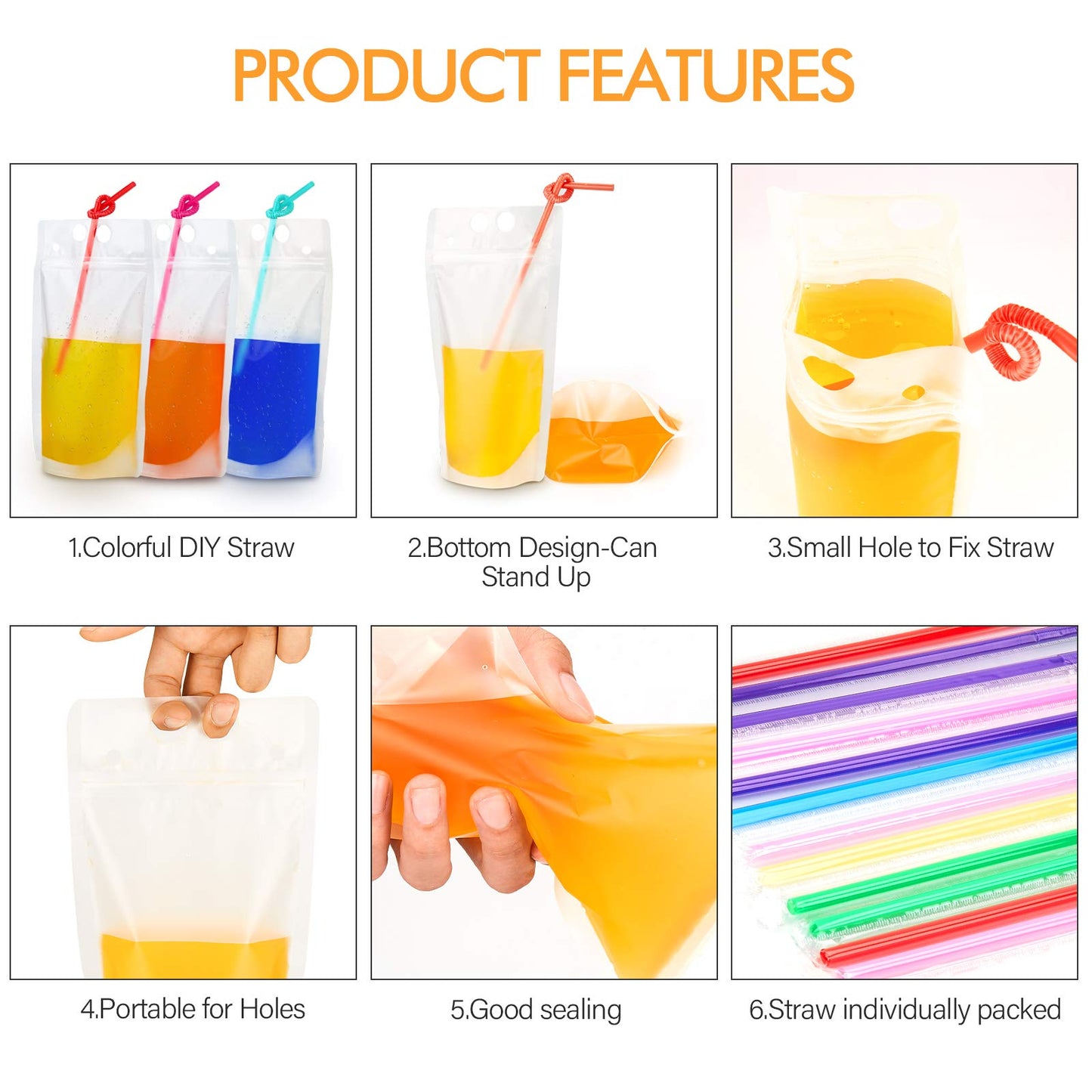 100PCs Drink Pouches with 100PCS Individual Wrapped Straws Yamgqus Freezable Juice Pouches DIY Reclosable Zipper Drink Bags for Adults and Kids Silicone Funnel Included  17oz 100 Pack