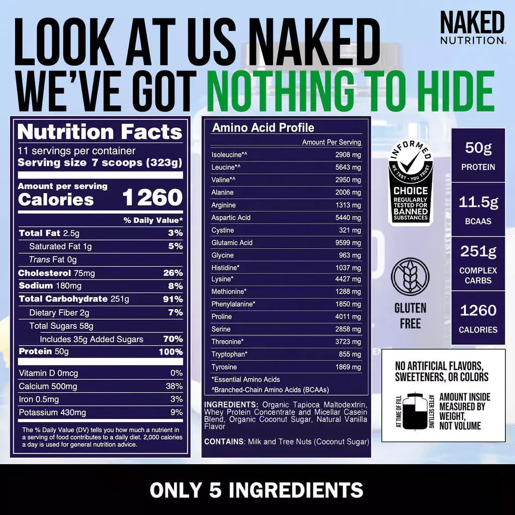 Naked Vanilla Naked Mass - All Natural Vanilla Weight Gainer Protein Powder - 8lb Bulk, GMO Free, Gluten Free & Soy Free, No Artificial Ingredients - 1,260 Calories - 11 Servings