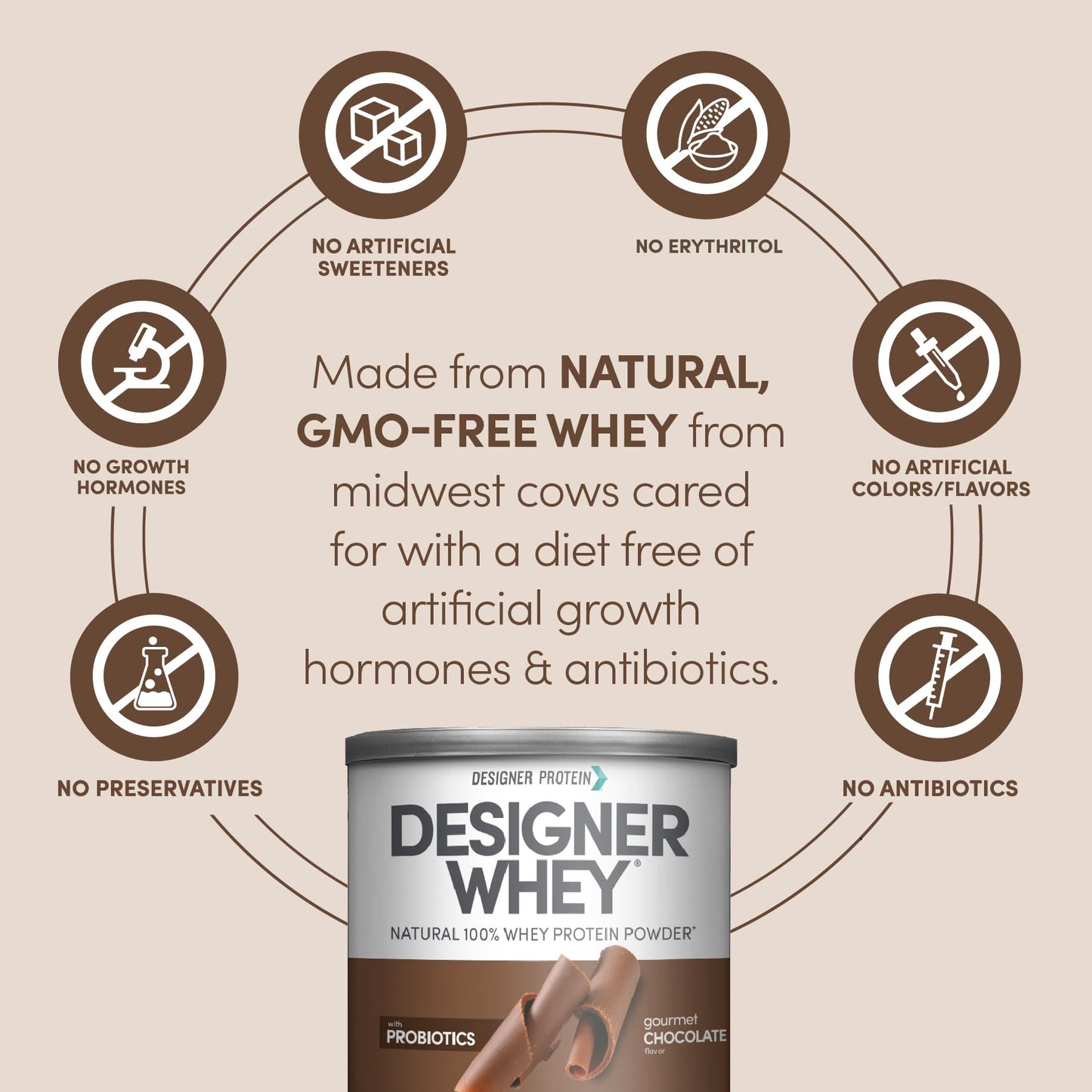 Designer Wellness Designer Whey Natural 100% Whey Protein Powder with Probiotics , Fiber, and Key B-Vitamins for Energy, Gluten-free, Non-GMO, Gourmet Chocolate 12 oz