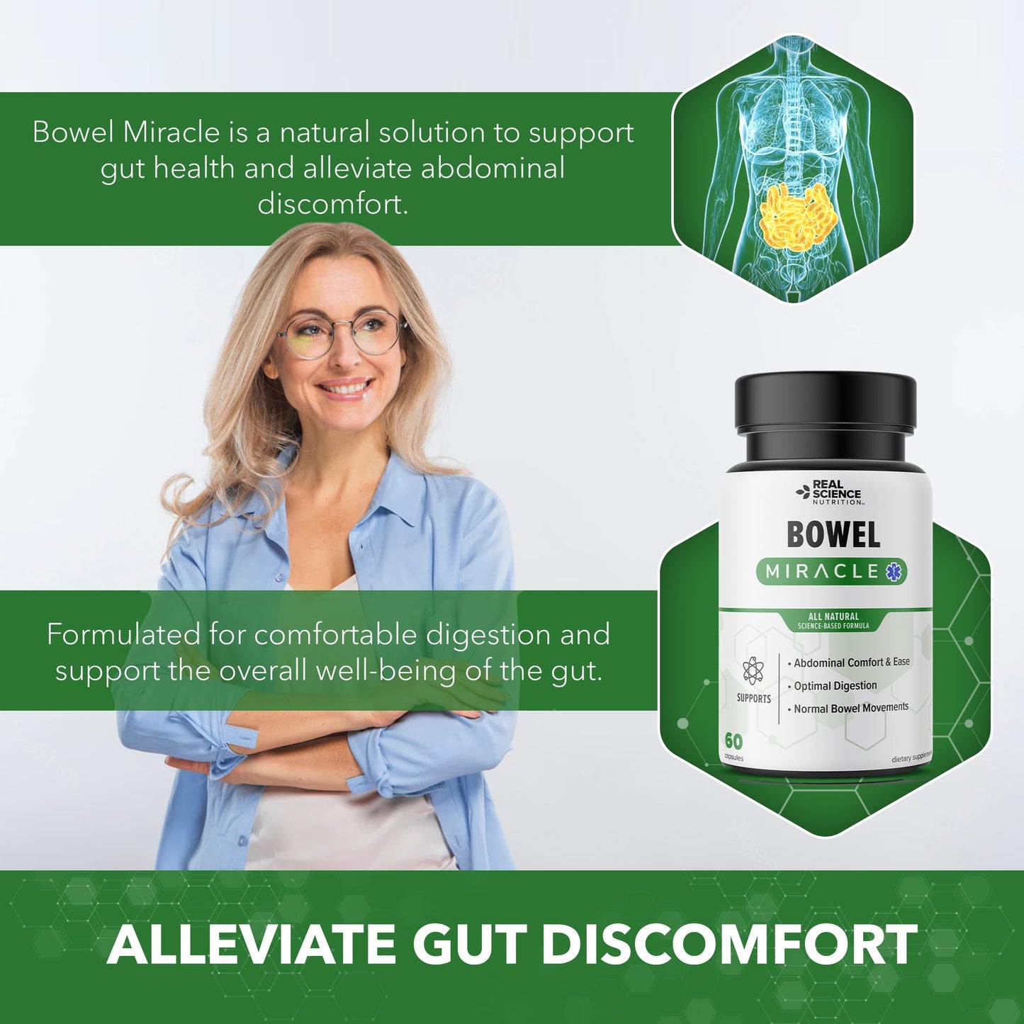 Real Science Nutrition Offers Bowel Miracle: Natural Solution for Gut Health, Abdominal Discomfort, Lower Bowel Formula, Aiding IBS and Chronic Bloating