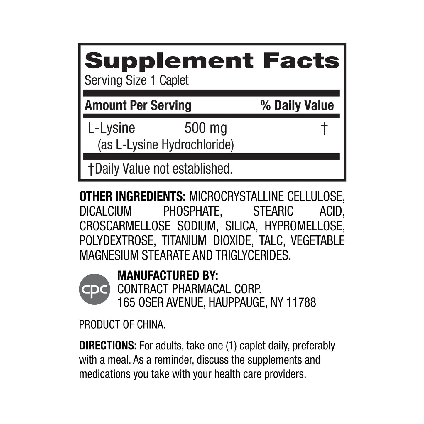 Earth's Splendor L-Lysine 500 mg Dietary Supplement for Men & Women, Supports Collagen & Tissue Maintenance (500 mg, 100 Caplets)