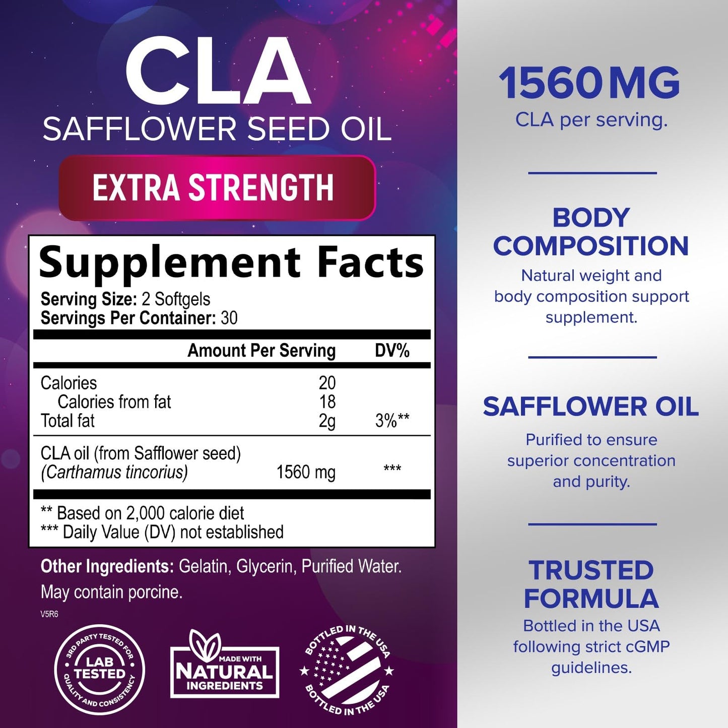 CLA Supplement, Conjugated Linoleic Acid 1560mg - Extra Strength CLA Supplement Pills - Support Body Composition, Lean Muscle Tone, & Energy - Safflower Capsules, Gluten Free, Non-GMO - 60 Softgels