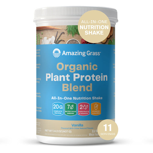 Amazing Grass Organic Plant Protein Blend: Vegan Protein Powder, New Protein Superfood Formula, All-In-One Nutrition Shake with Beet Root, Pure Vanilla, 11 Servings