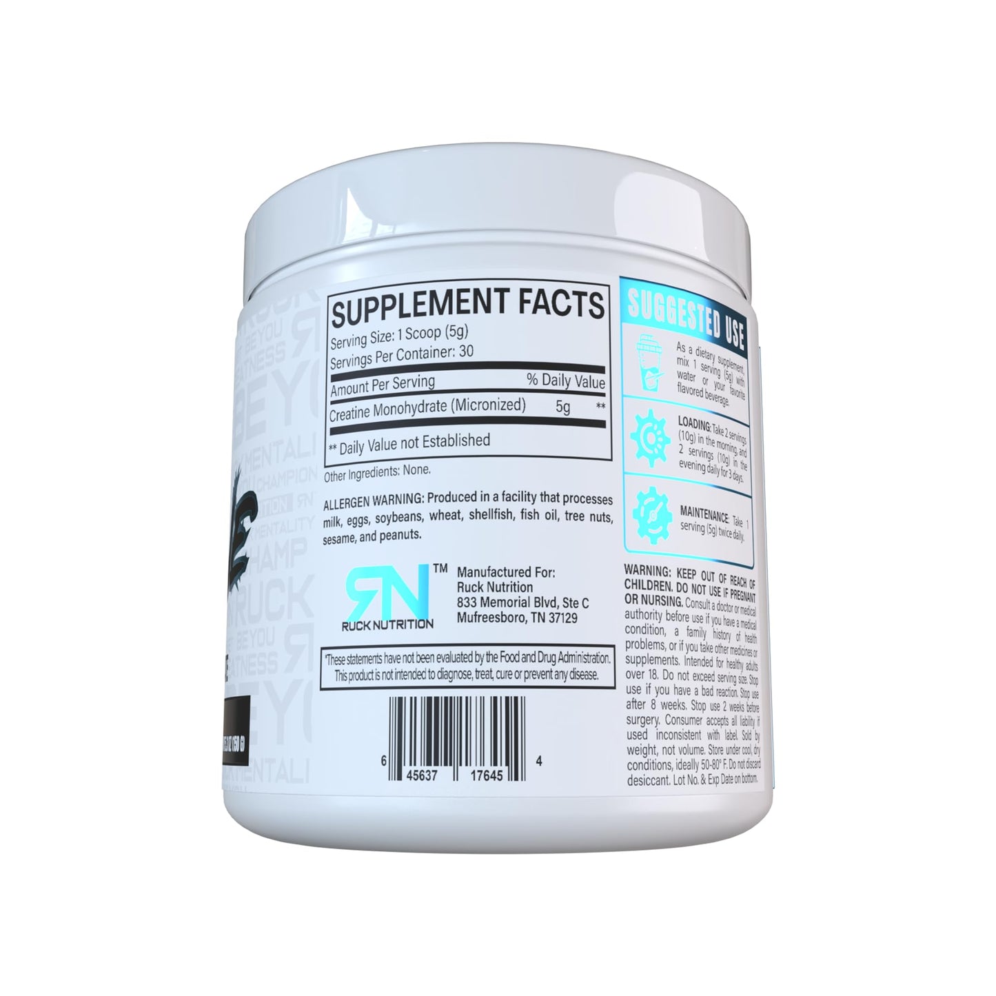 RUCK NUTRITION Creatine | Pure Creatine Monohydrate for Muscle Growth and Recovery | Strength and Endurance Support for Sports Performance | 5g of Creatine Monohydrate (30 Servings, Unflavored)