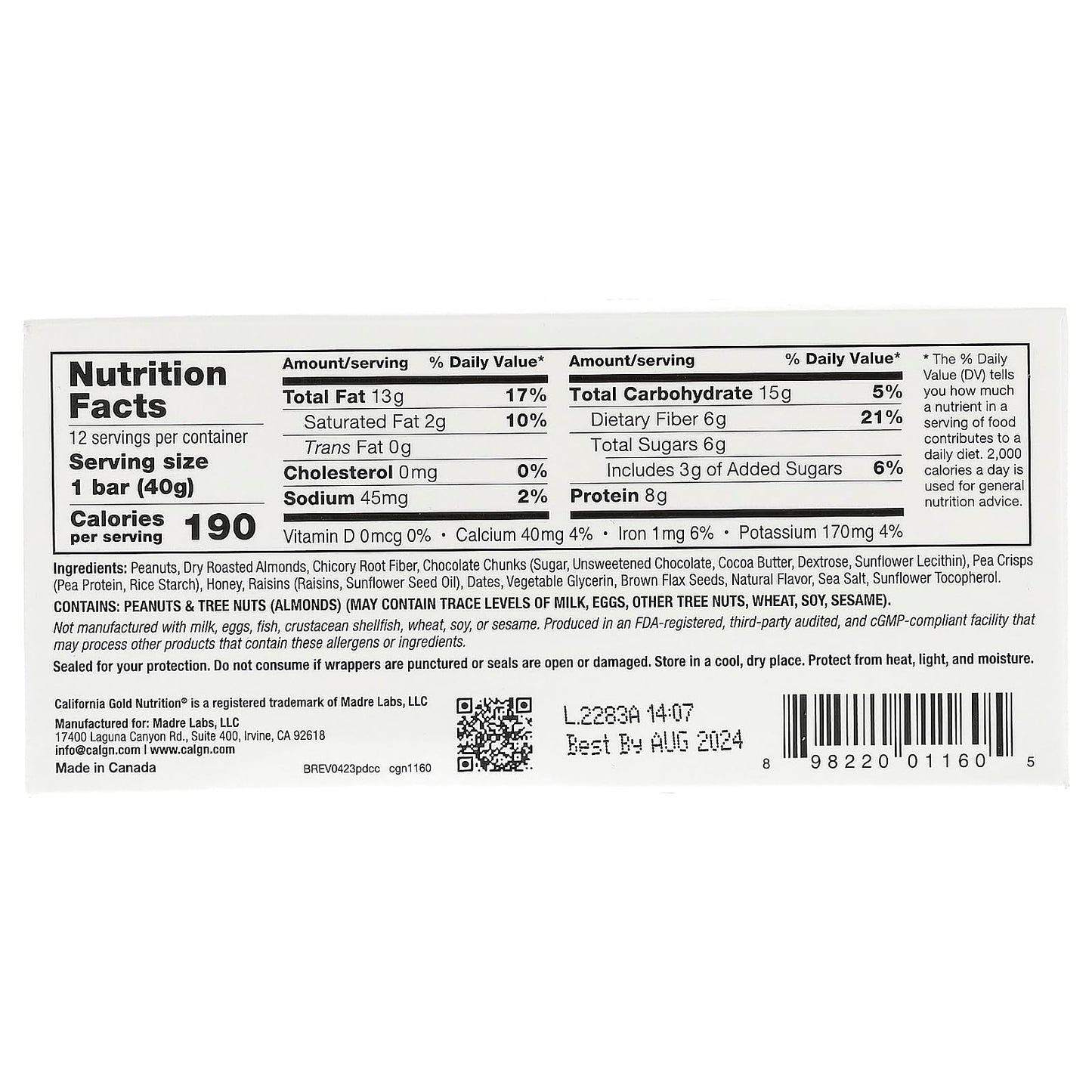 California Gold Nutrition Foods, Peanut & Dark Chocolate Chunk Bars, 12 Bars, 1.4 oz (40 g) Each