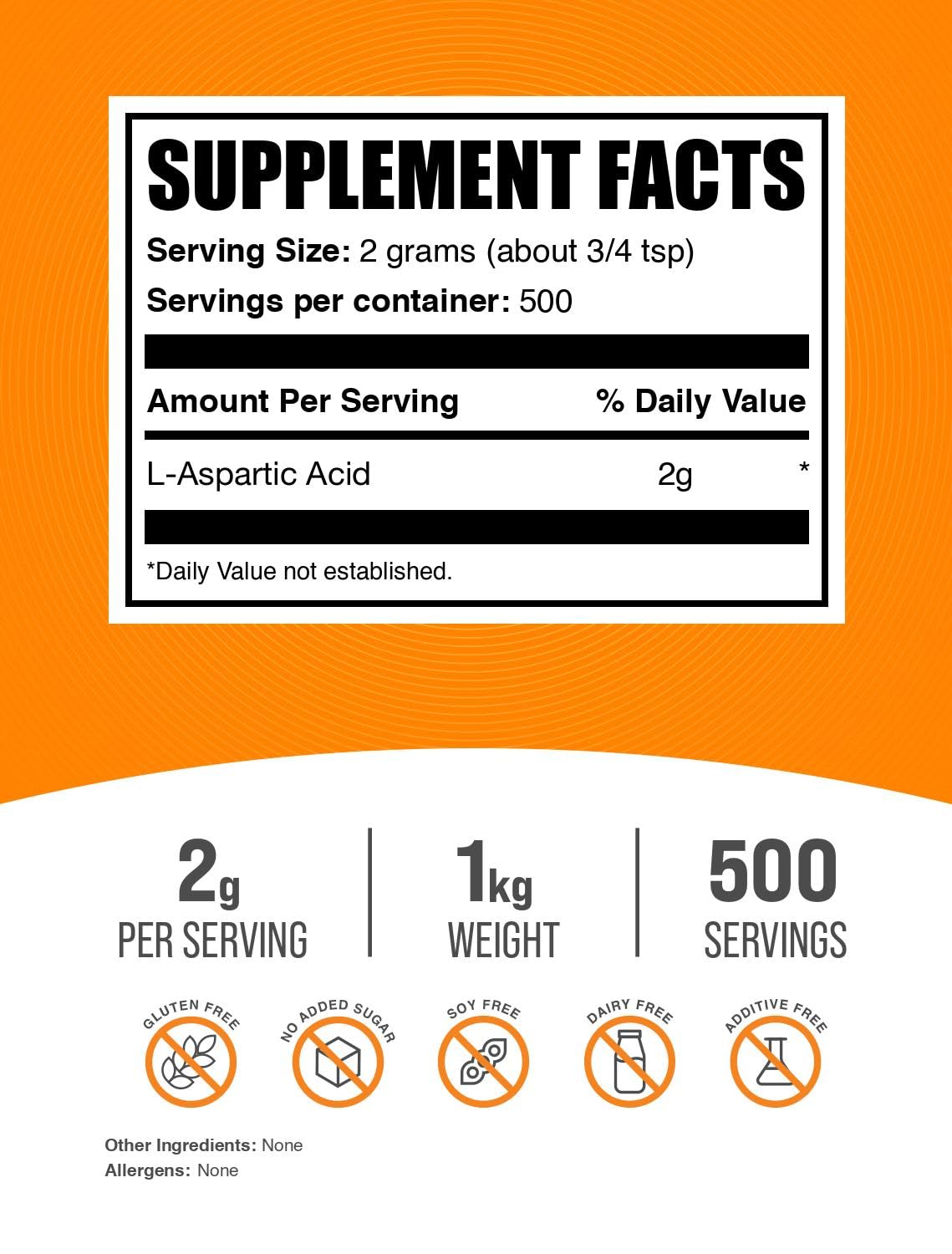 BulkSupplements.com L-Aspartic Acid Powder - Aspartic Acid Supplement, Amino Acids Supplement for Energy Support - Gluten Free, 2000mg per Serving, 1kg (2.2 lbs) (Pack of 1)