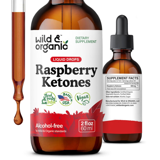 Wild & Organic Raspberry Ketones Extract Tincture - Liquid Raspberry Ketones Supplement - 2-Month Supply - Vegan, Sugar & Alcohol-Free - 2 fl oz