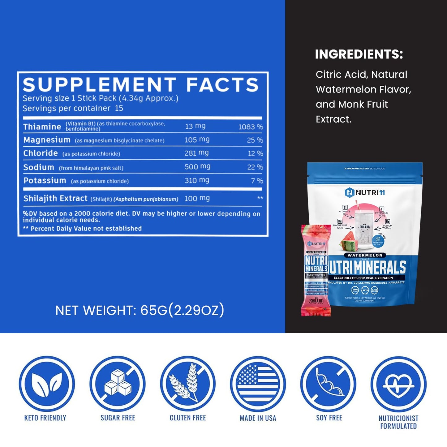 NUTRIMINERALS Hydration Electrolyte Powder | Advanced Vitamin B1, Shilajit & Pink Himalayan Salt | Zero Sugar | 15 Stick Packs | Clean Energy, Recovery & Detox Support (15 Sticks Pack, Watermelon)