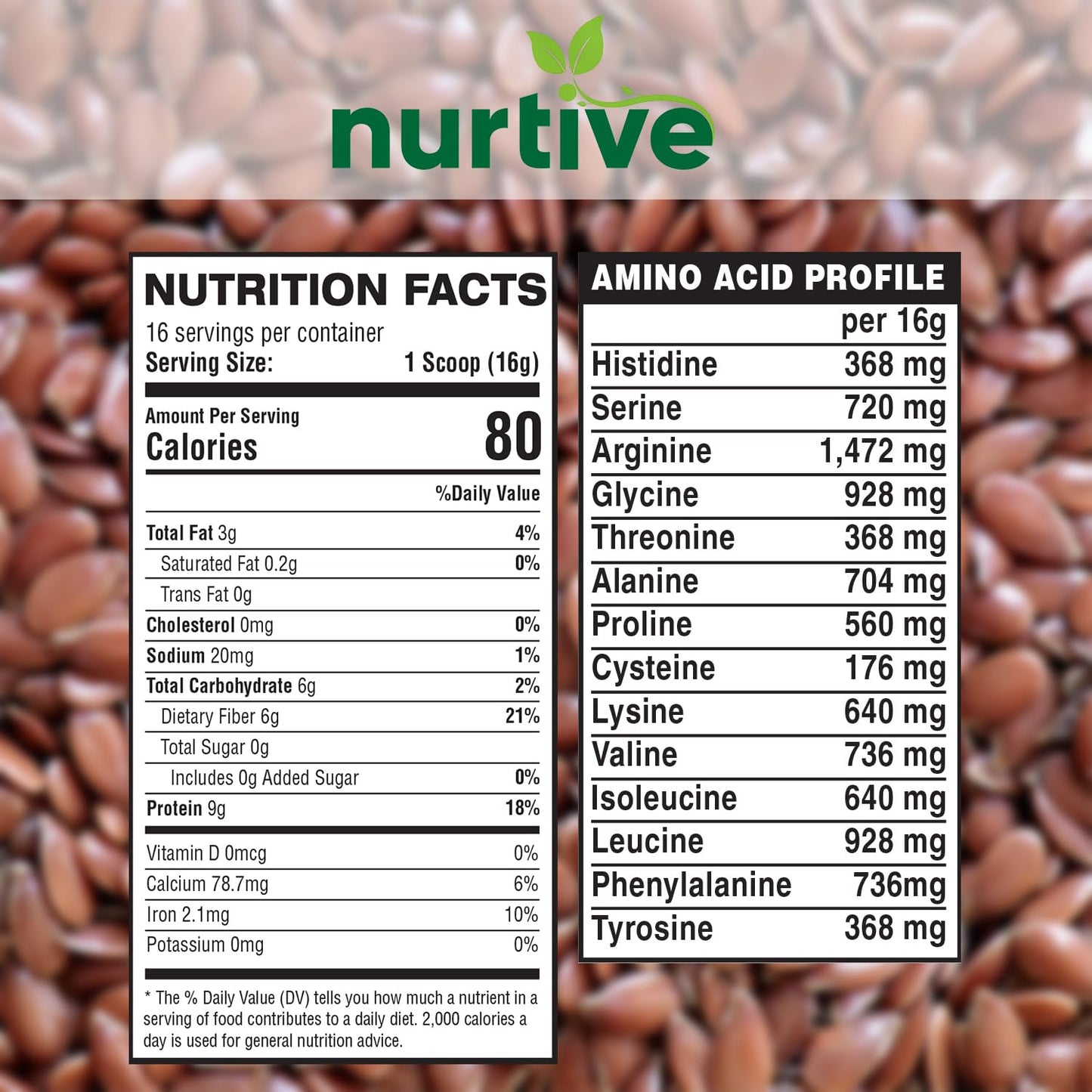 NURTIVE Flaxseed Protein Powder - Plant-Based, Rich in Omega-3 and Antioxidants - Ideal for Post-Workout Recovery - Nutritional Boost for Smoothies & Baking - Non-GMO & Gluten-Free (16 oz / 454g)
