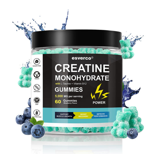 Creatine Monohydrate Gummies 5g, Muscle Growth, Creatine Gummy Supplements, L-Taurine Vitamin B12, Gain Energy, Workout Supplement, Sugar Free, Non-Sticky, Vegan for Men & Women Blueberry 60 Count