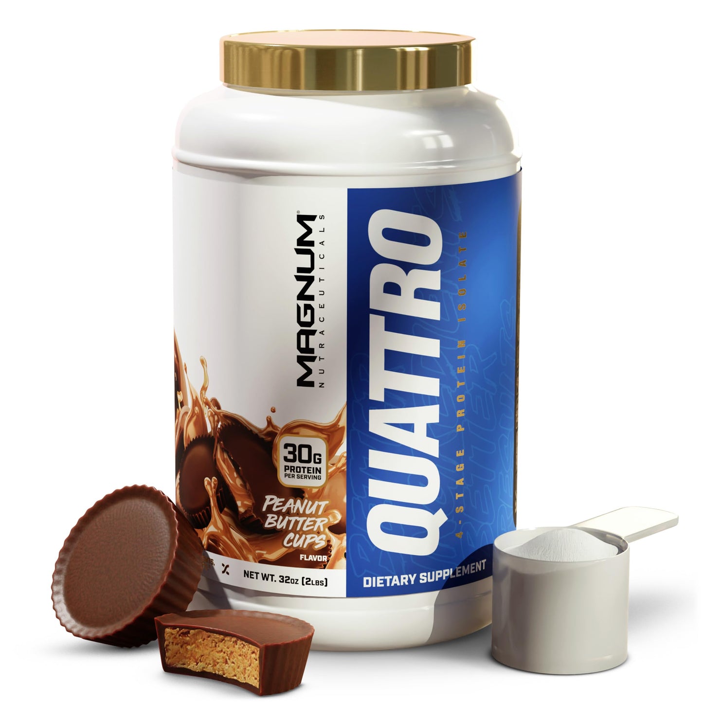 Magnum Nutraceuticals Quattro Whey Protein Powder, Peanut Butter Cup 2lb - Premium Protein Isolate Blend for Muscle Growth & Recovery