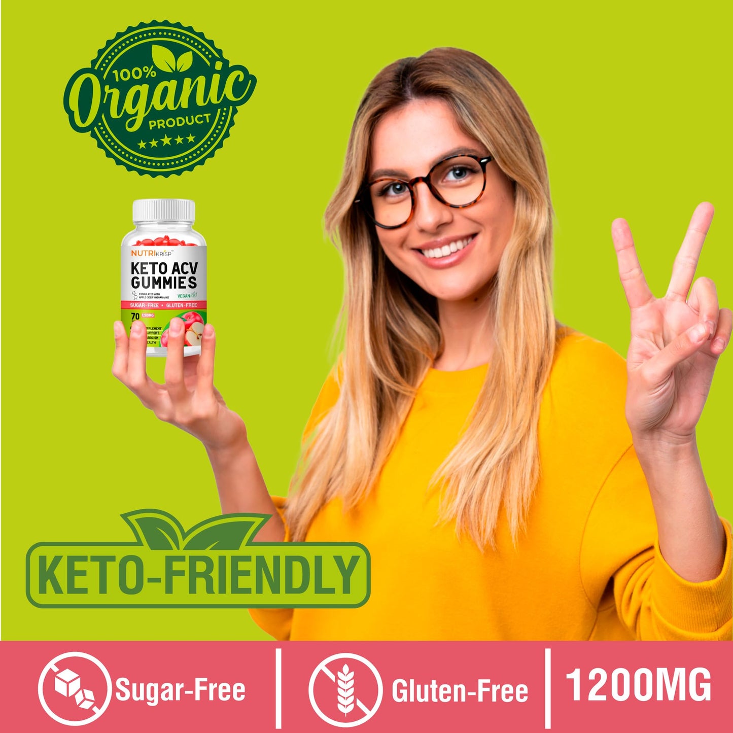 NutriKrisp Keto ACV Gummy - Sugar-Free Gluten Free Pro Active Super Apple Cider Vinegar Supplement for Men Women - Support Digestion Hair Skin (1200MG)