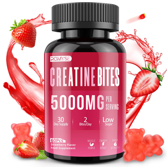 ROMYSE Creatine Bites - 5g Creatine Monohydrate Per Serving - Low Sugar and No Artificial Colors - Low Calorie - Strawberry Flavor - 60 Bites Gummy 30 Days Supply for Men Women