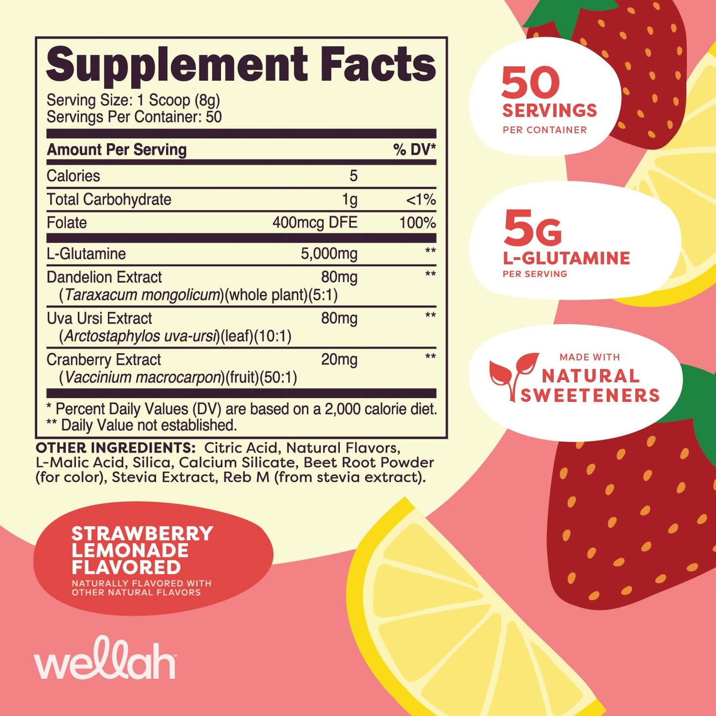 Wellah L-Glutamine Strawberry Lemonade Flavored (50 Servings) - 5g L-Glutamine Per Serving, Sweetened with Stevia