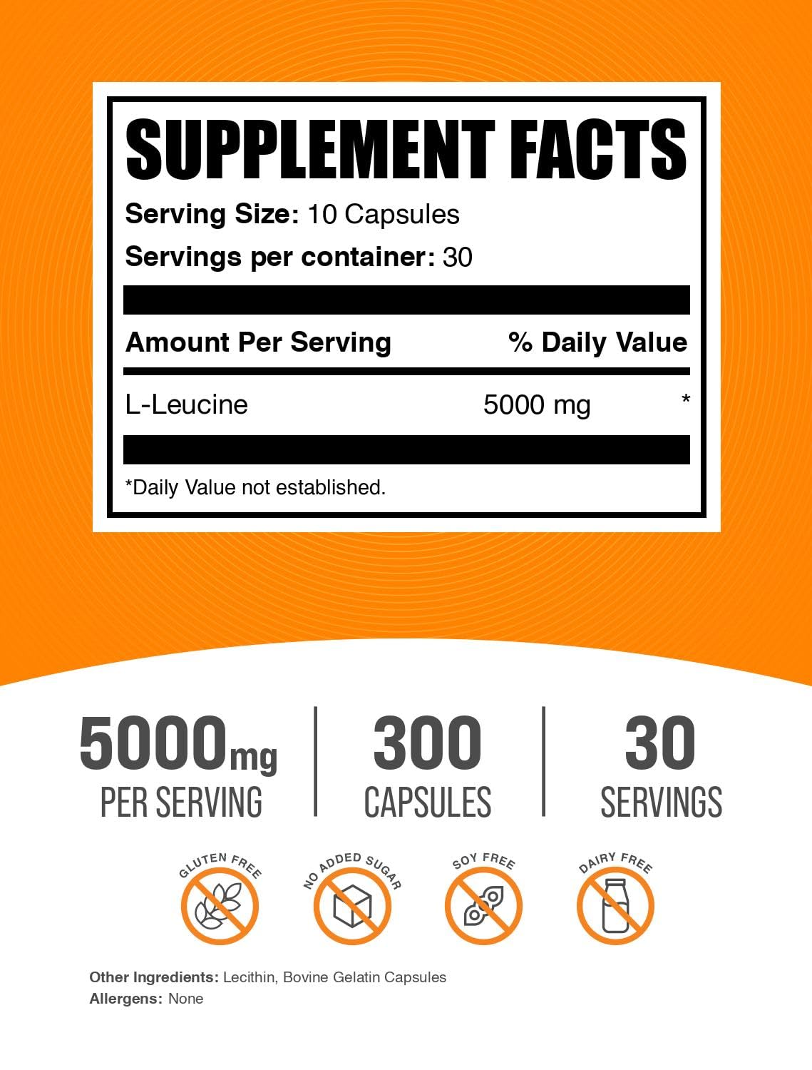 BulkSupplements.com L-Leucine Capsules - Leucine Supplements, Amino Acid Supplement - Gluten Free, 10 Capsules per Serving (5000mg), 300 Count (Pack of 1)