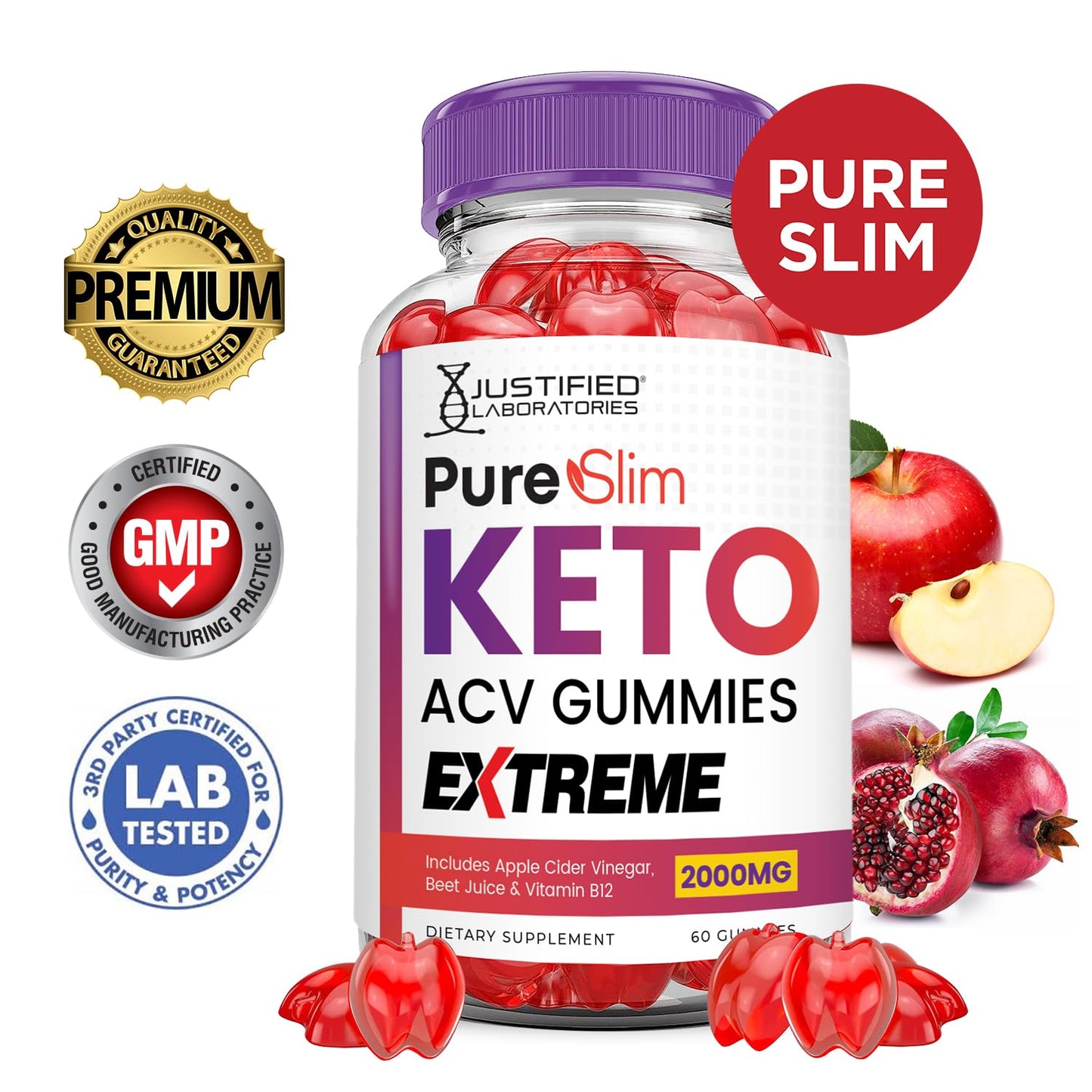 Pure Slim Keto ACV Gummies Extreme 2000MG PureSlim Keto Gummies Advanced Formula Apple Cider Vinegar with Pomegranate Beet Juice Powder B12 Vegan Non GMO 60 Gummys