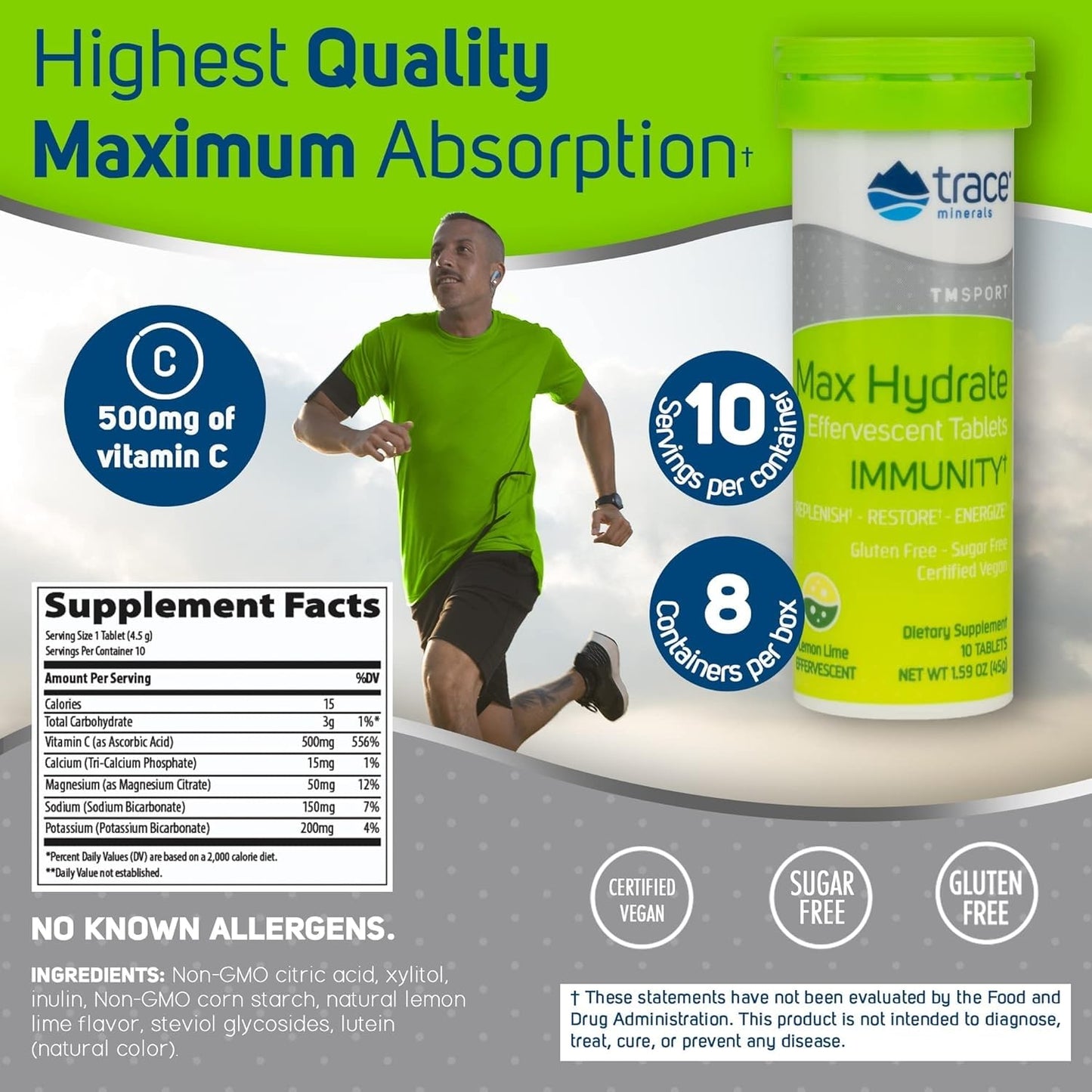 Trace Minerals Max-Hydrate Immunity - Electrolyte Drink Supplement for Immune Health & Hydration Support - Vitality Supplement to Aid Muscle Cramp Relief - Lemon Lime, 8 Containers (80 Servings)