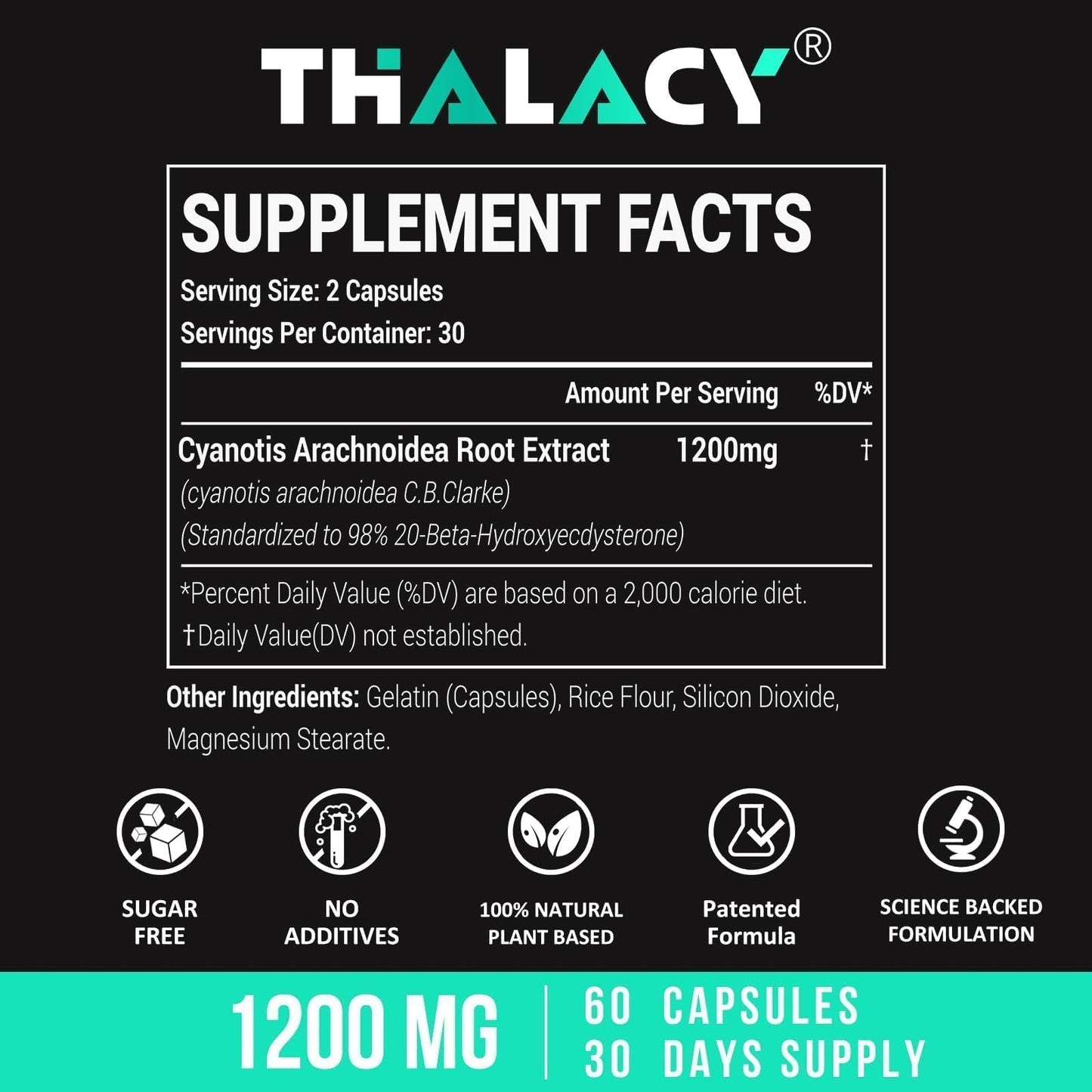 Thalacy 1200MG Beta Ecdysterone Supplement, 98% Maximum Purity Ecdysterone Supplements for Lean Muscle Mass, Athletic Performance & Strength, 120 Capsules