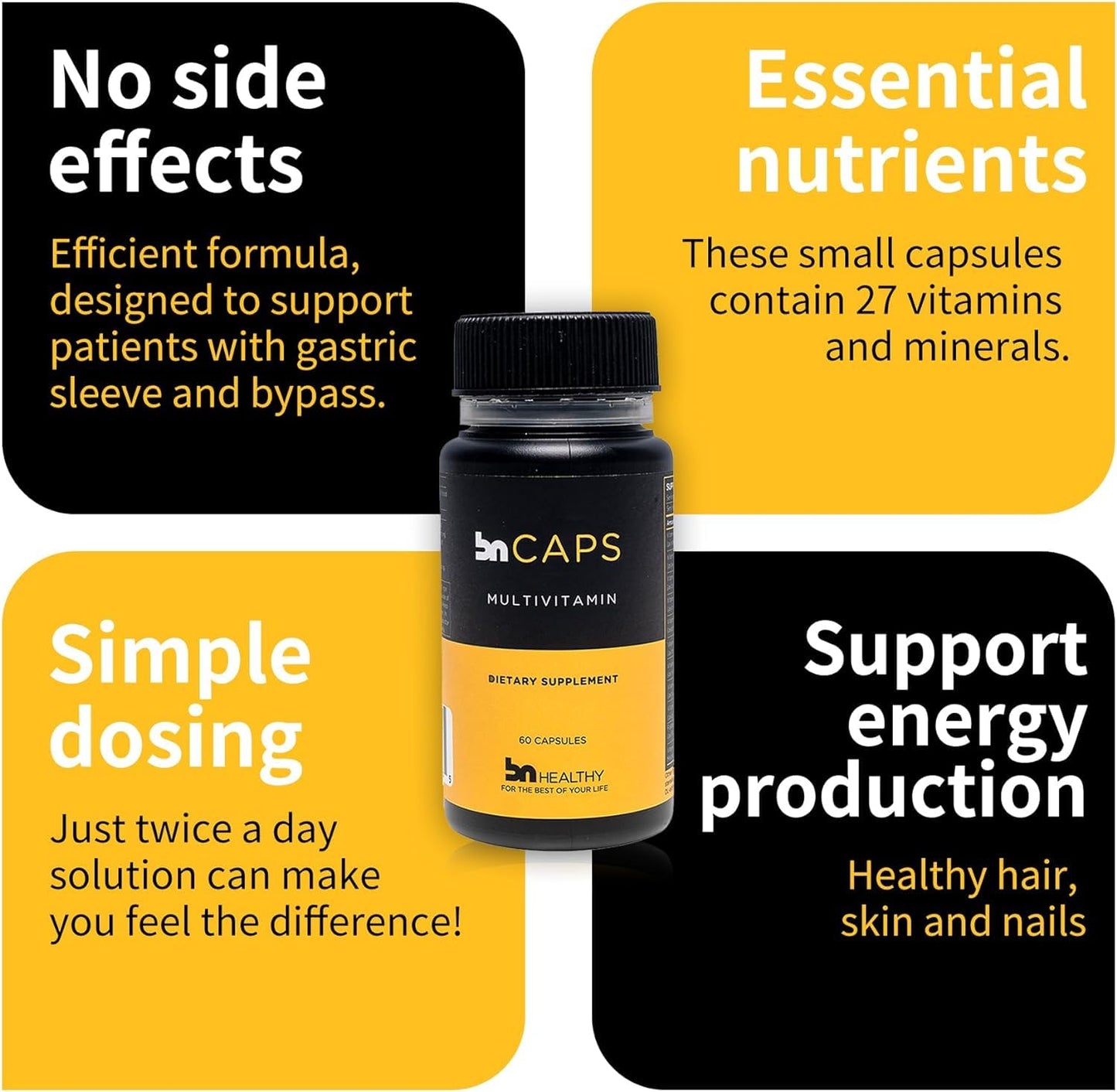 BN Caps - Multivitamin Capsule with 22 Essential Nutrients: Vitamins A, B-6, B-12, C, D3, E, K, Biotin, Iron & Zinc, Supports Men & Women Overall Health, 120 Capsules, 120 Days Supply (2 Pack)
