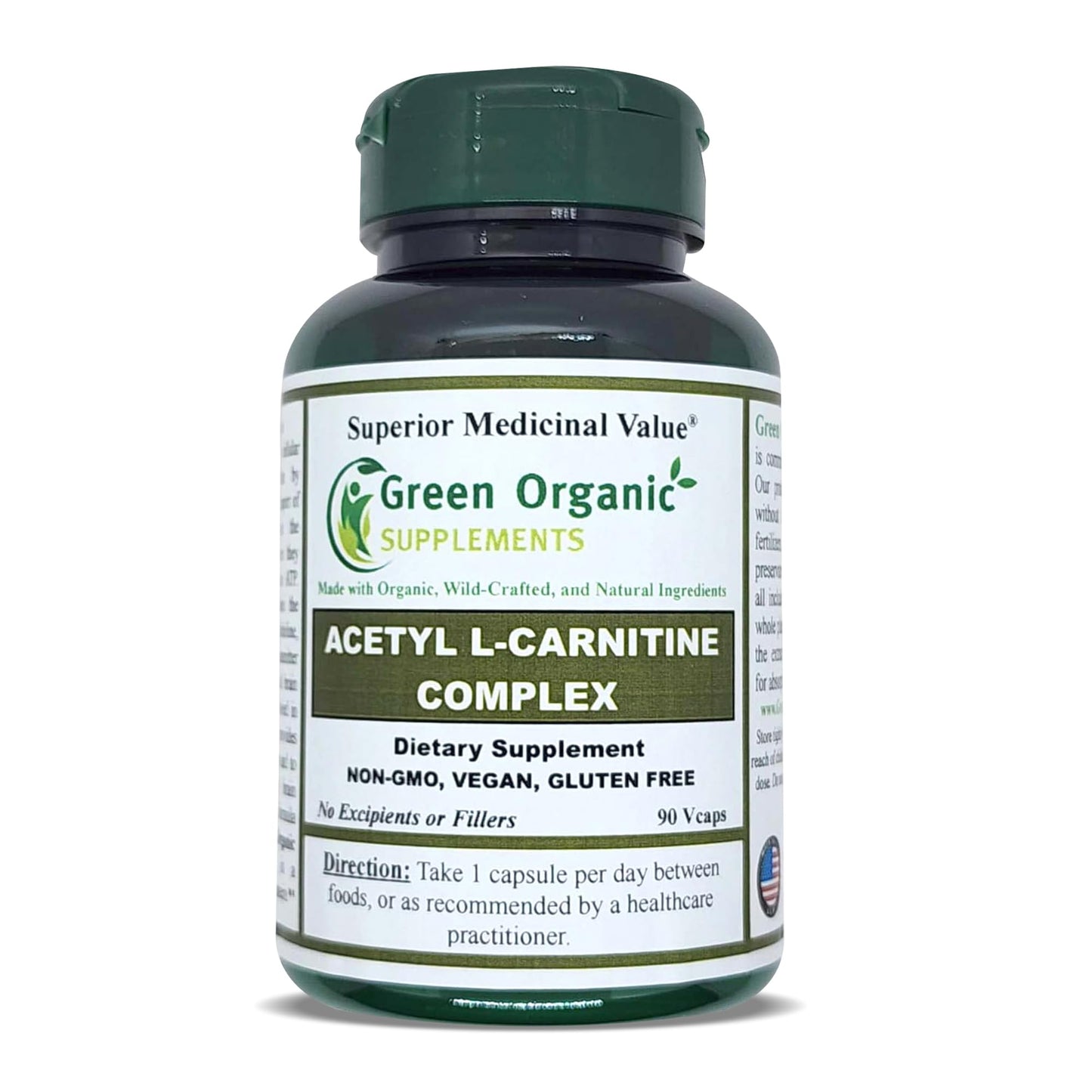Green Organic Supplements Acetyl L-Carnitine, Carnitine, ALC, 90 VCaps, High Absorbable, Non-GMO, Gluten-Free (Single)