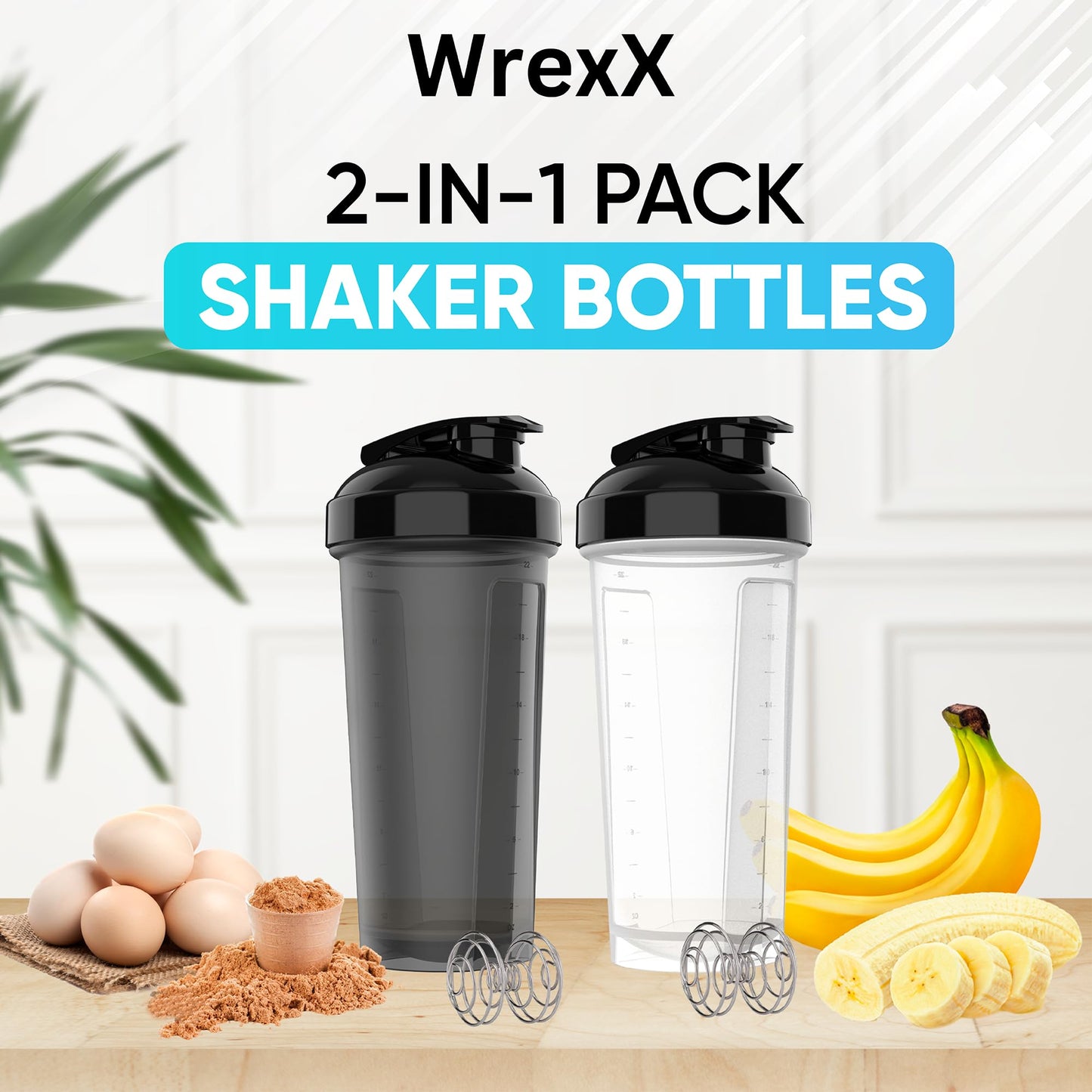 WrexX 2 Pack Protein Shaker Bottle - upto 28oz, 2x Shaker Ball, Portable Pre Workout Whey Protein Shaker Cups for Protein Shakes, Leak Proof Shaker Bottles for Protein Mixes