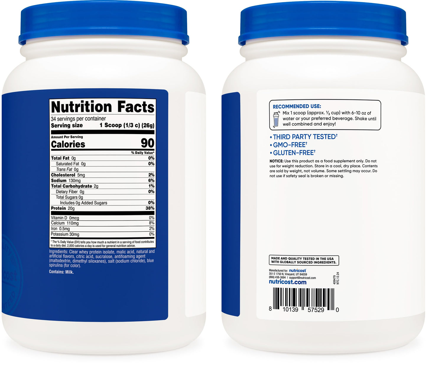 Nutricost Clear Whey Protein Isolate 2 LBS (Blue Raspberry Flavored) - 20G Protein Per Serving, GMO-Free, Gluten-Free