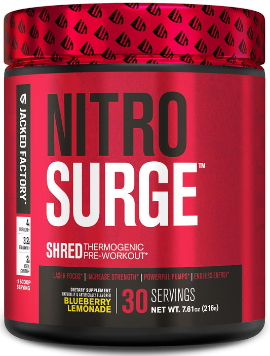 Jacked Factory NITROSURGE Shred Pre Workout Supplement - Energy Booster, Instant Strength Gains, Sharp Focus, Powerful Pumps - Nitric Oxide Booster & PreWorkout Powder - 30Sv, Blueberry Lemonade