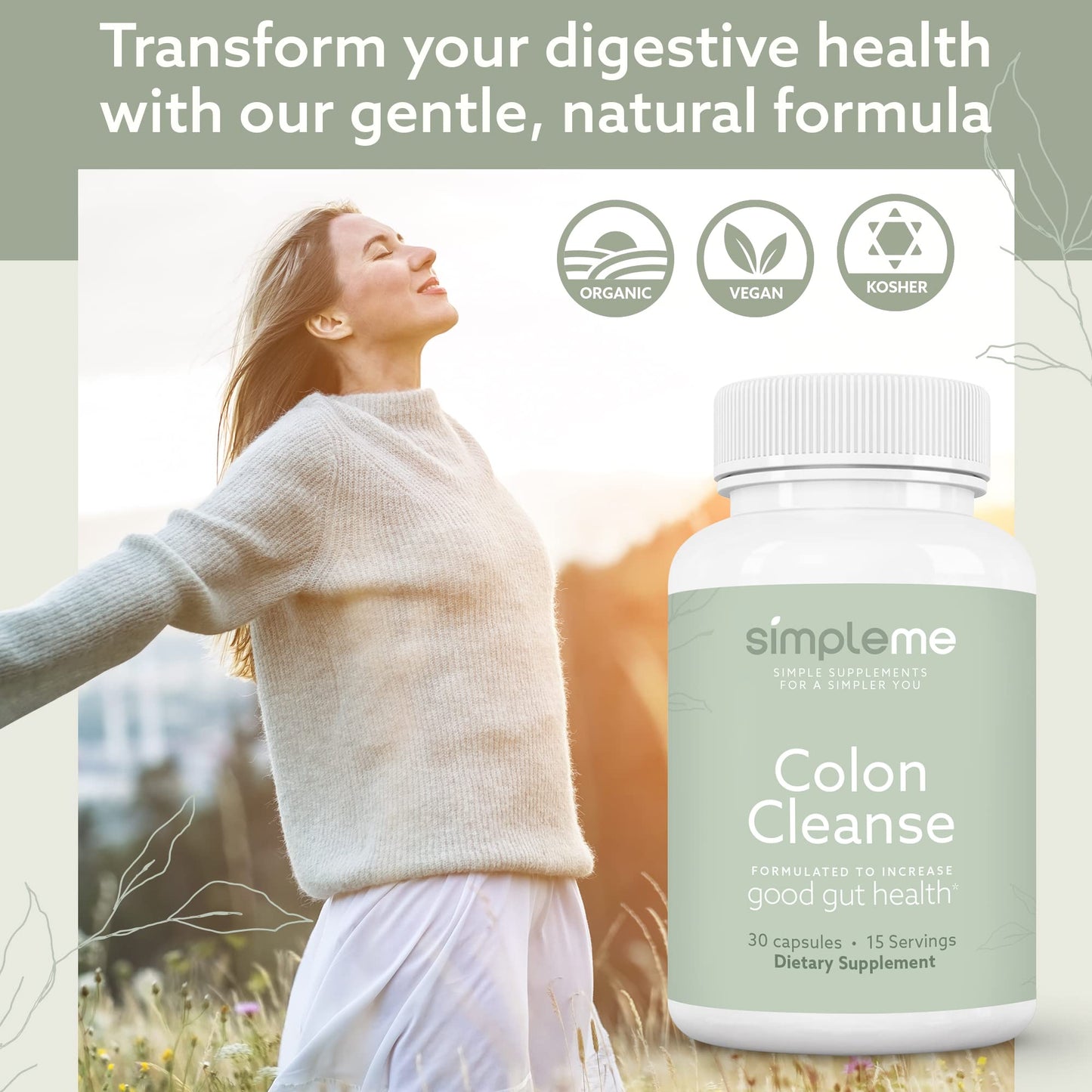 SIMPLEME Colon Cleanse Detox, Natural Constipation Relief for Adults, Fast Bloating Relief Colon Cleanser for Women & Men, 30-Day Gut Support Weight Management, 1 Day Detox Cleanse, 30 Capsules