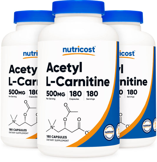 Nutricost Acetyl L-Carnitine 500mg, 180 Capsules - Non-GMO and Gluten Free (3 Bottles)