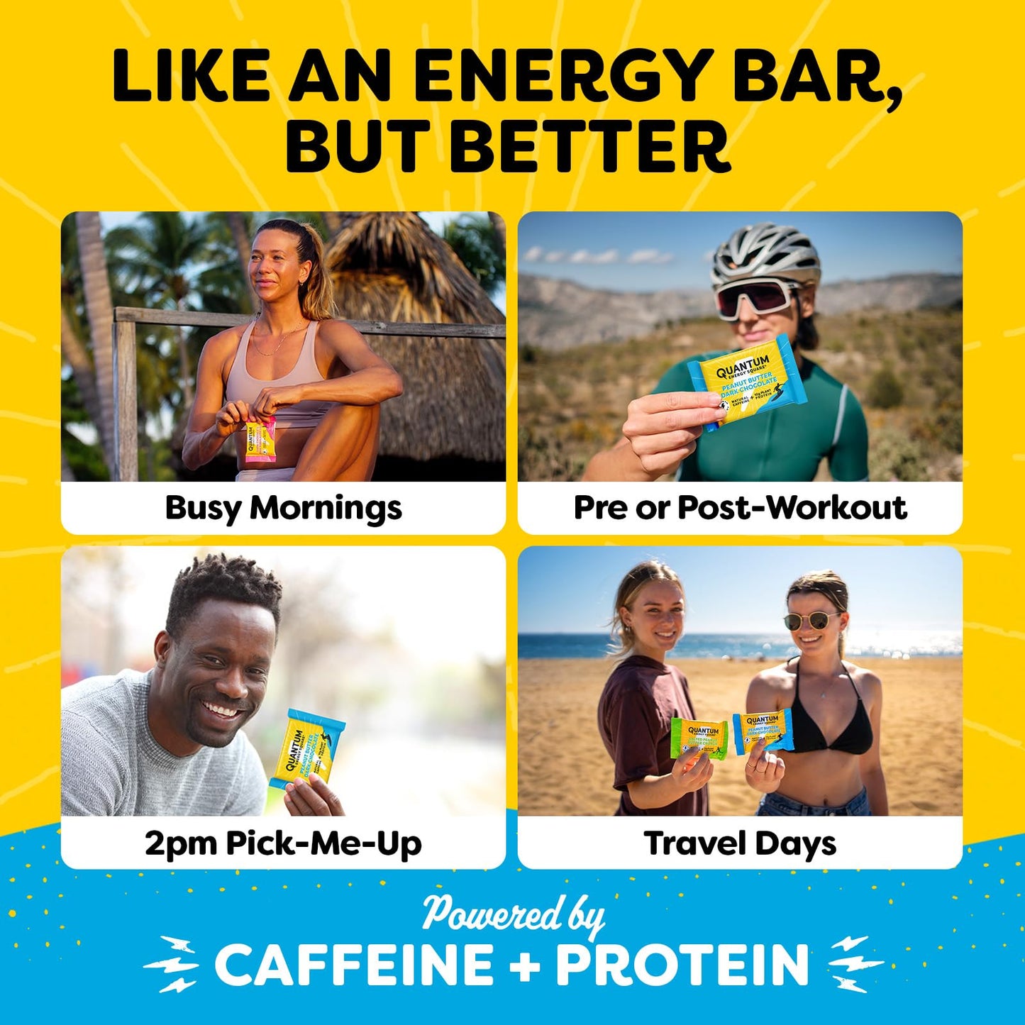 Quantum Energy Square - Energy Bar with Caffeine & 10g Protein - Healthy Snack On the Go - Vegan, Gluten, Soy & Dairy-Free, Salted Peanut Butter 8Pack
