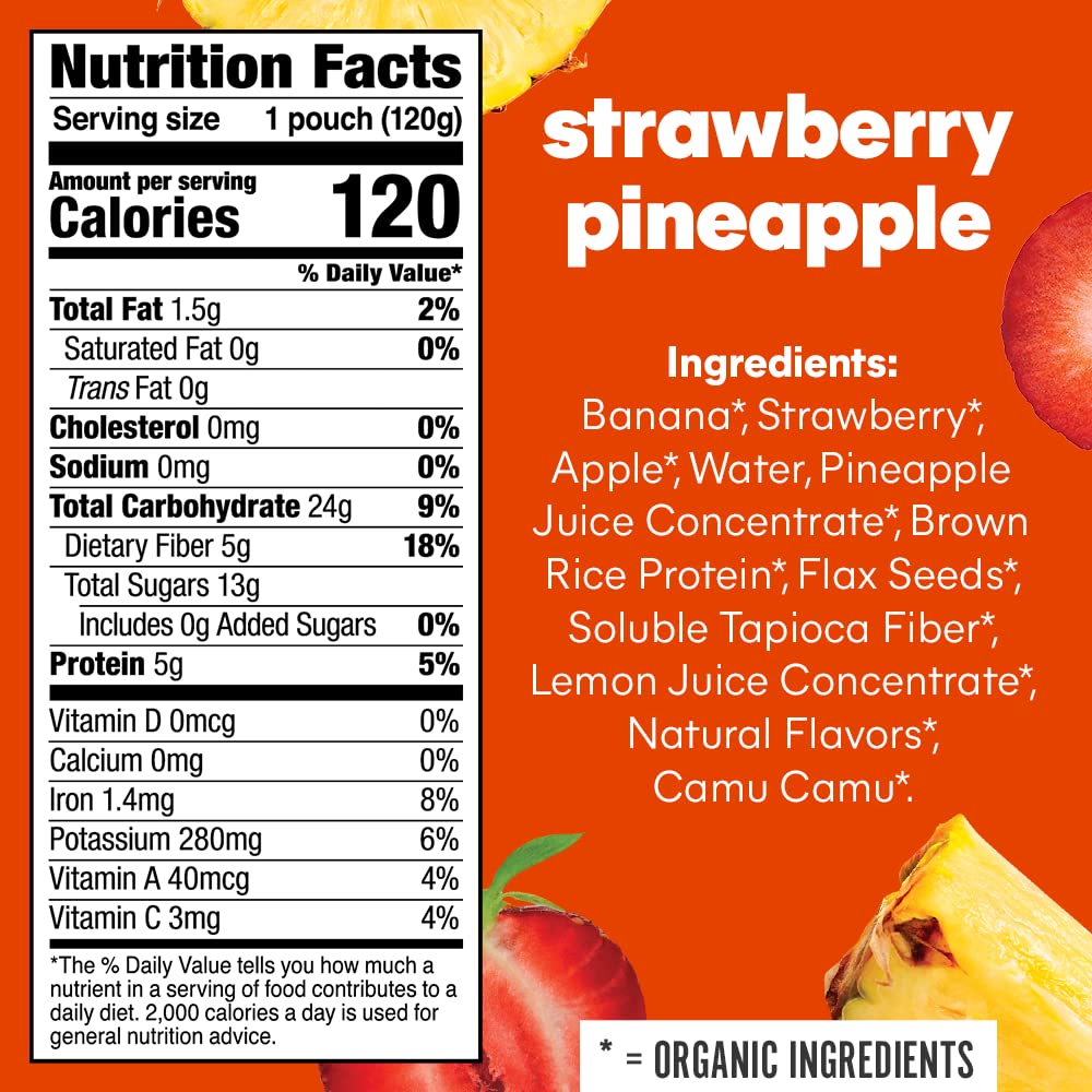 Noka Superfood Smoothie Pouches Strawberry Pineapple 4 Pack with Plant Protein Prebiotic Fiber  Flax Seed Organic Gluten Free Vegan Healthy Fruit Squeeze Snack Pack 422oz Ea