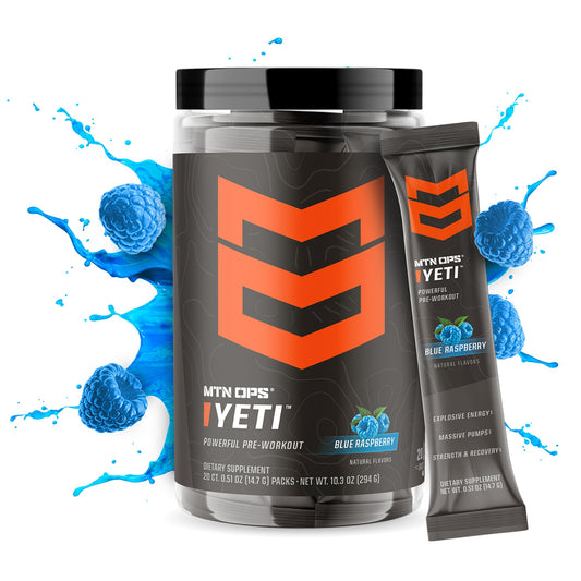 MTN OPS Yeti Trail Packs Pre-Workout Powder Energy Drink with Creatine, 200mg Caffeine & BCAAs with Beta Alanine, 20-Single Servings, Blue Raspberry