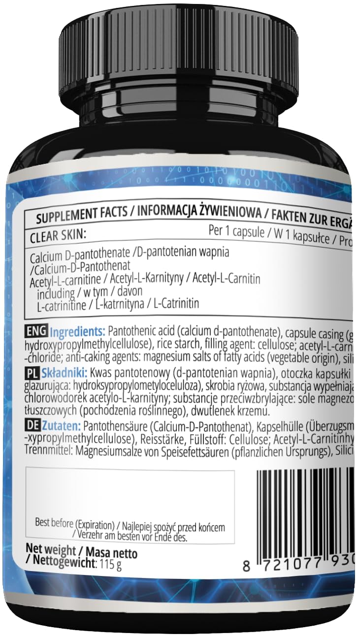 APOLLO'S HEGEMONY Clear Skin - Vitamin B5 200mg (Pantothenic Acid) and Acetyl-L-Carnitine 70mg, 180 Vegan Capsules, 6 Months Supply, Anti-Acne, Enhanced Skin Health, Diet Supplement