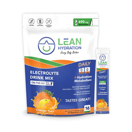 LEAN Hydration Daily Electrolyte Packets Drink Mix | Zero Calories, Zero Sugar Plus Vitamins, Minerals & More | 16 ct (Orange Yuzu)
