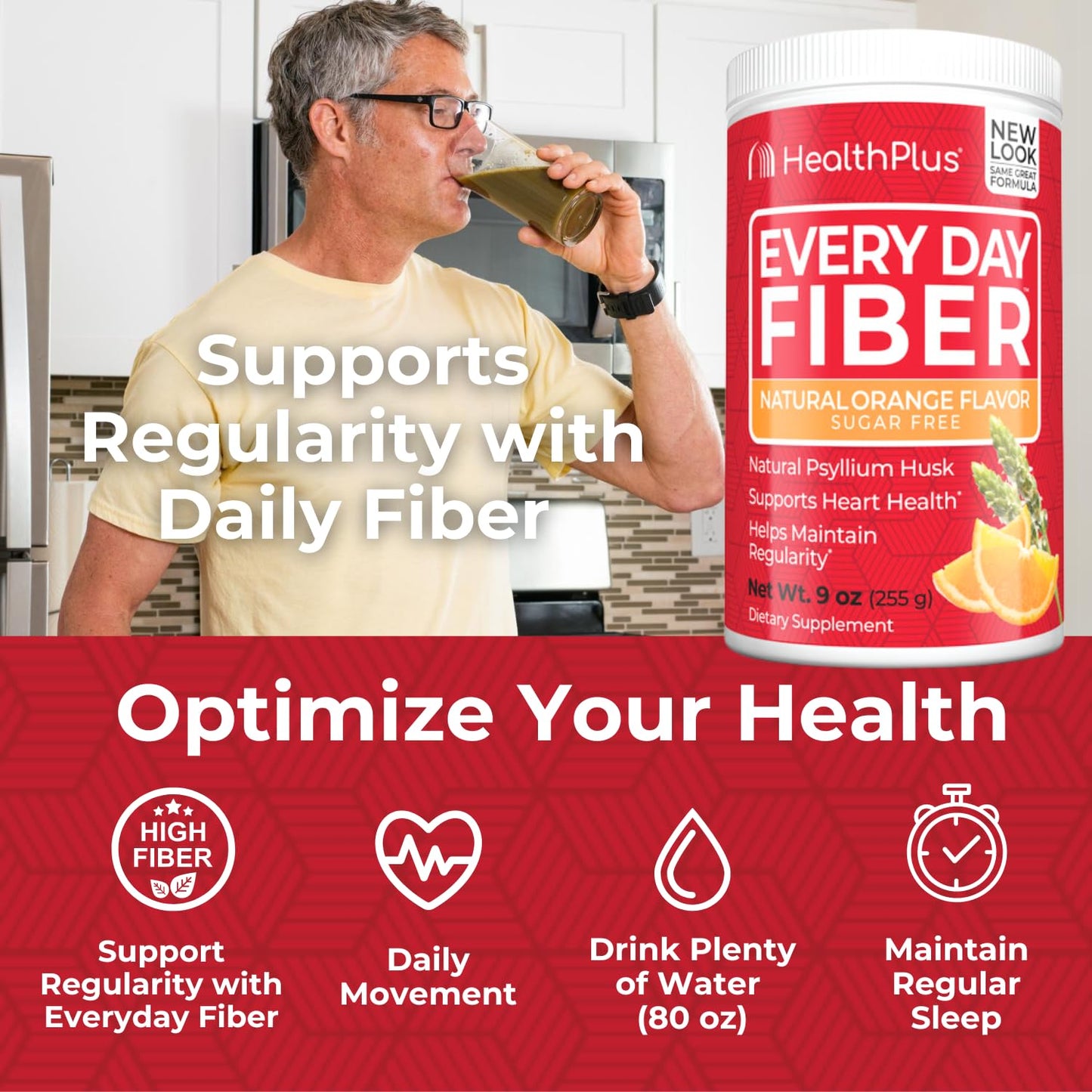 Health Plus Every Day Fiber Digestive Support | No Artificial Flavors | Daily Fiber for Toxin Elimination To Reduce Bloating | Psyllium Husk | Orange Flavor | 9 Ounces, 36 Servings.