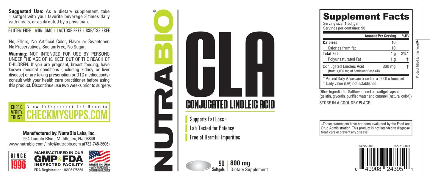 NutraBio CLA Conjugated Linoleic Acid Supplement, 800mg - 90 Softgels