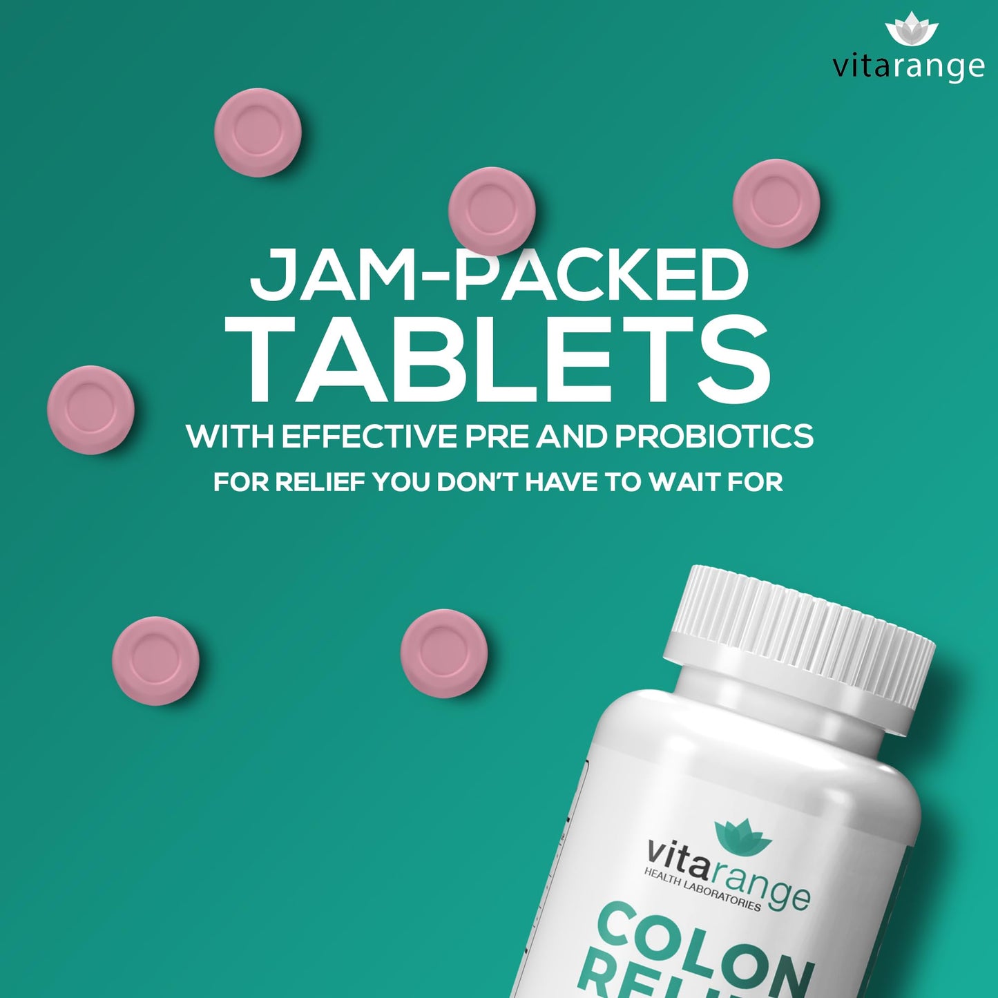 Colon Relief by VitaRange- Fast Constipation and Bloating Relief with Sunfiber Prebiotic Fiber and Pre + Probiotics for Digestive Health - 60 Chewable Strawberry Tablets - Doctor Formulated Probiotics