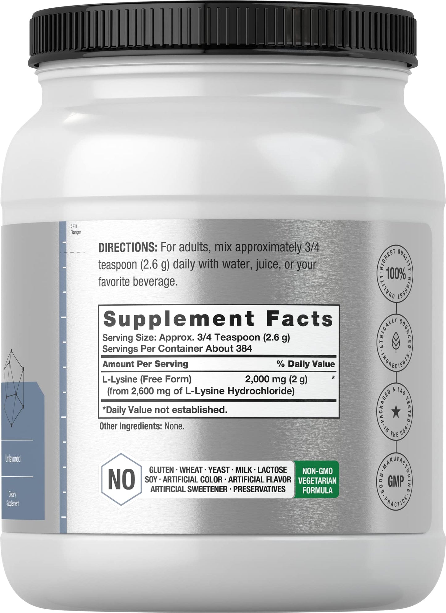 Horbäach L-Lysine Powder | 2.2 lbs | Unflavored Free Form Supplement | Vegetarian, Non-GMO, Gluten Free Formula