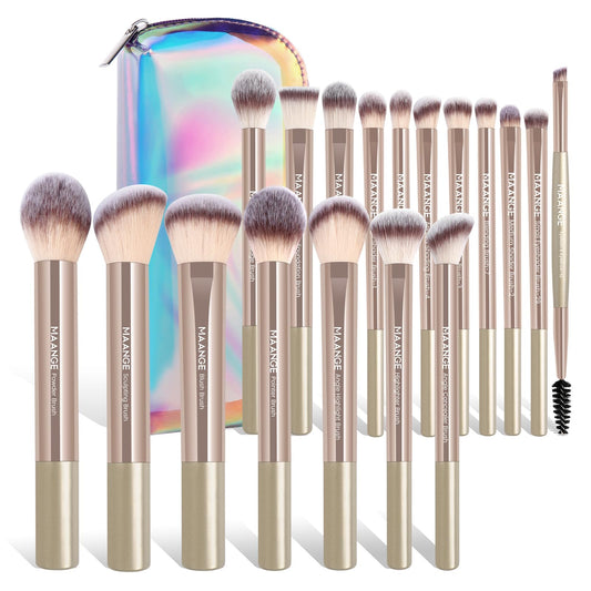 MAANGE 18 Pcs Makeup Brushes with Laser Bag, Premium Synthetic Makeup Brush Set Professional Makeup Tools Eyeshadow Eyebrow Foundation Blush Concealer Face Powder Blending Brushes Kit-Champange Gold