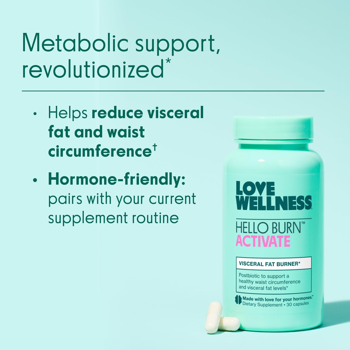 Love Wellness Hello Burn Activate | Visceral Fat Burner with HT BPL1 Postbiotic | Supports Healthy Waist Circumference, Metabolic Wellness and Healthy BMI | 30 Count
