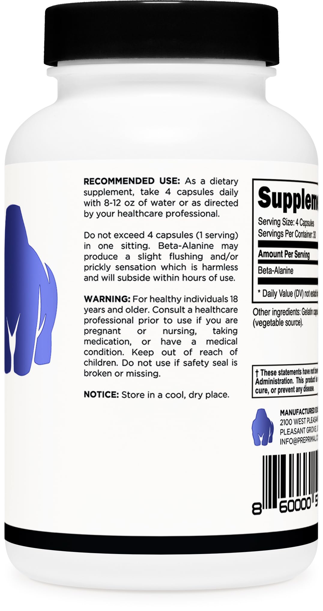 Primal Beta-Alanine Capsules 3400mg (30 Servings, 120 Capsules) - Supplement, Gluten-Free & Non-GMO, 850mg Per Cap