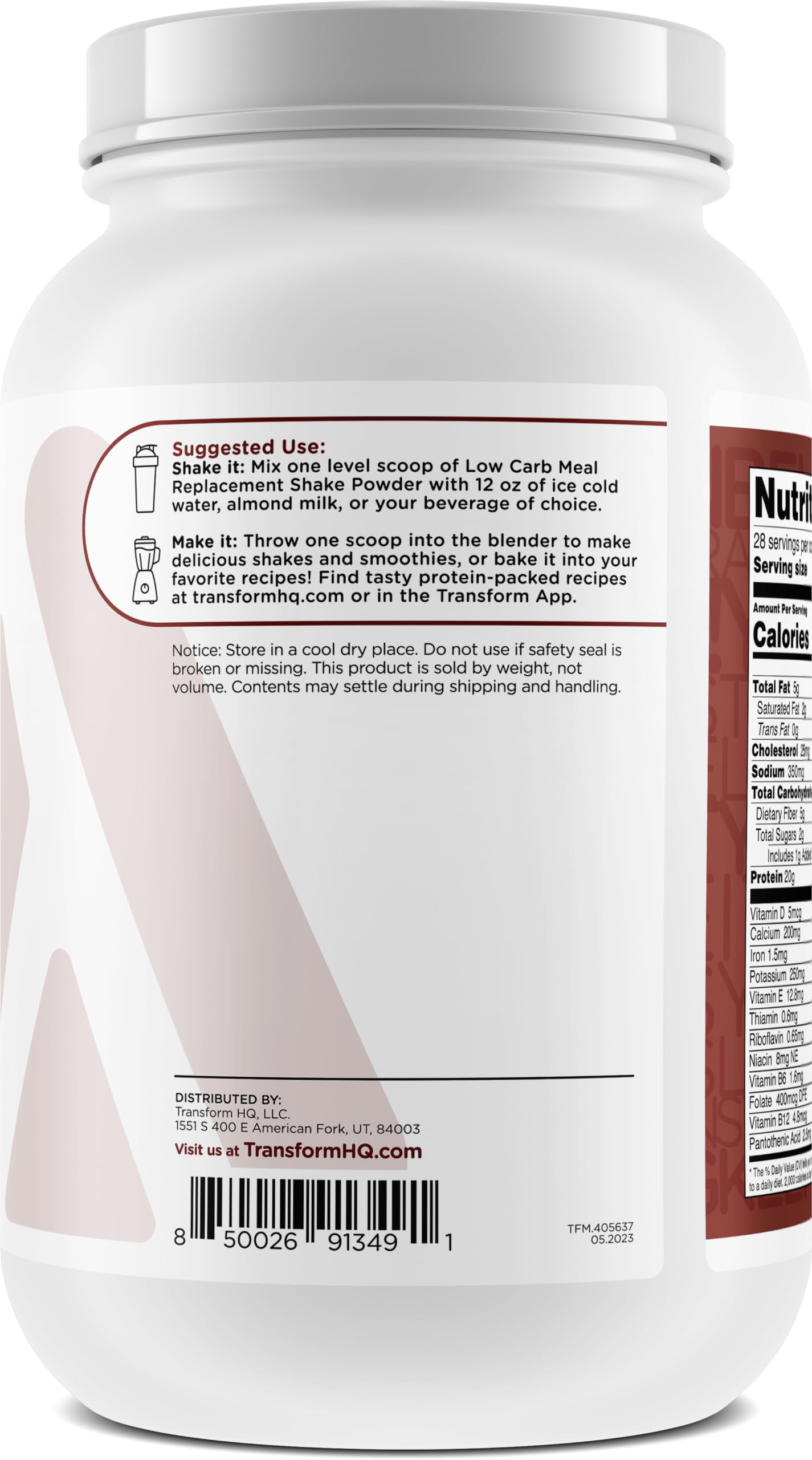 TransformHQ Meal Replacement Shake Powder 28 Servings Chocolate  Gluten Free NonGMO