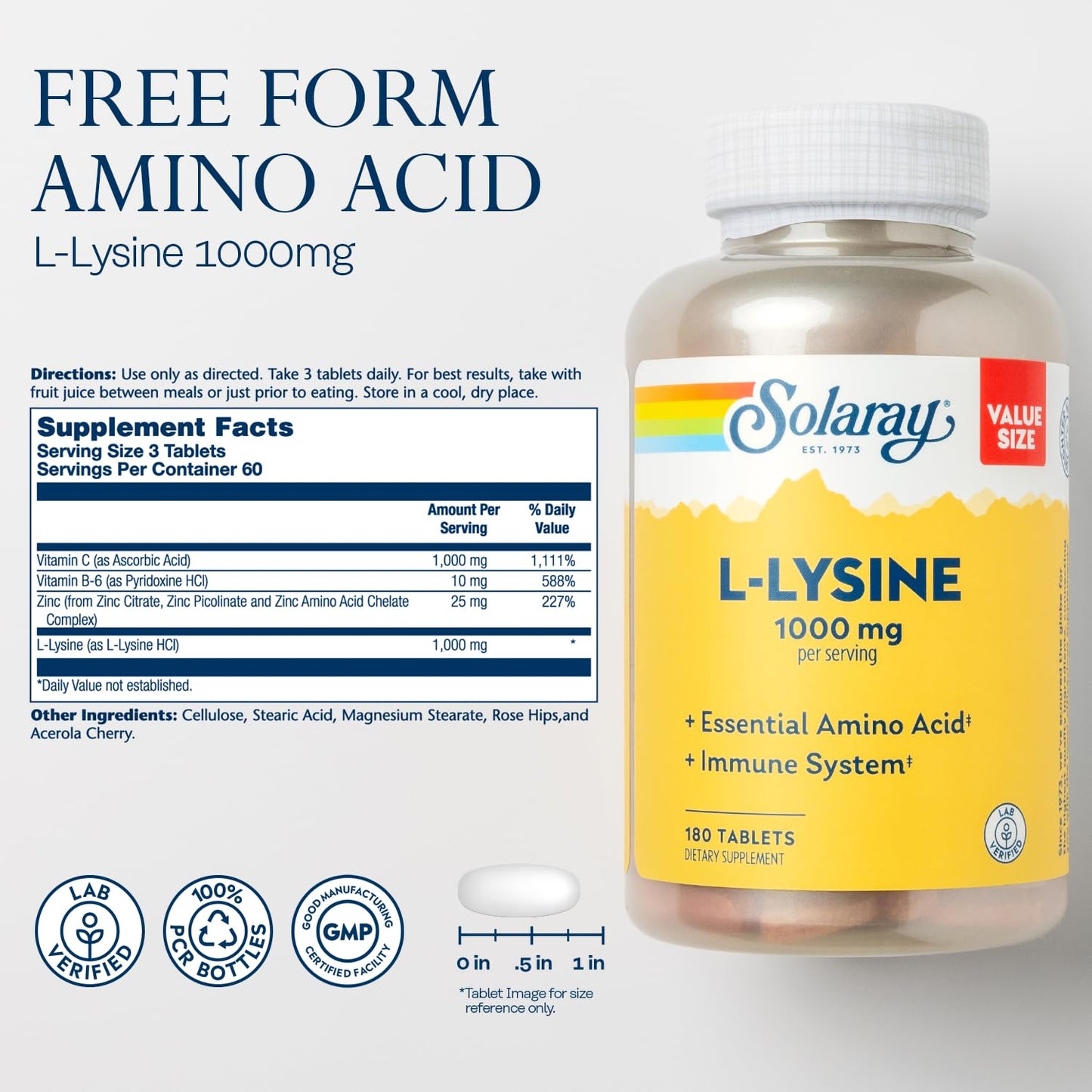 SOLARAY L-Lysine, Free-Form 1000 mg, Essential Amino Acid Immune Support Supplement with Vitamin C 1,000 mg and Zinc 25 mg, Value Size, Lab Verified, 60-Day Guarantee, 60 Servings, 180 Tablets