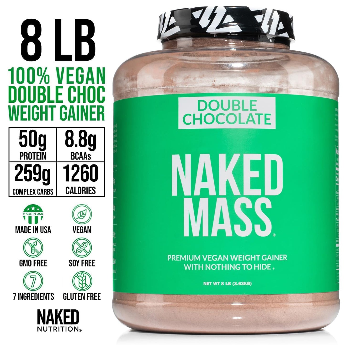 Naked Vegan Mass - Double Chocolate Weight Gainer - 1,260 Calories, 50G Protein, Nothing Artificial, All Natural Weight Gainer Protein Powder, GMO Free, Gluten Free & Soy Free - 8LB Bulk - 11 Servings