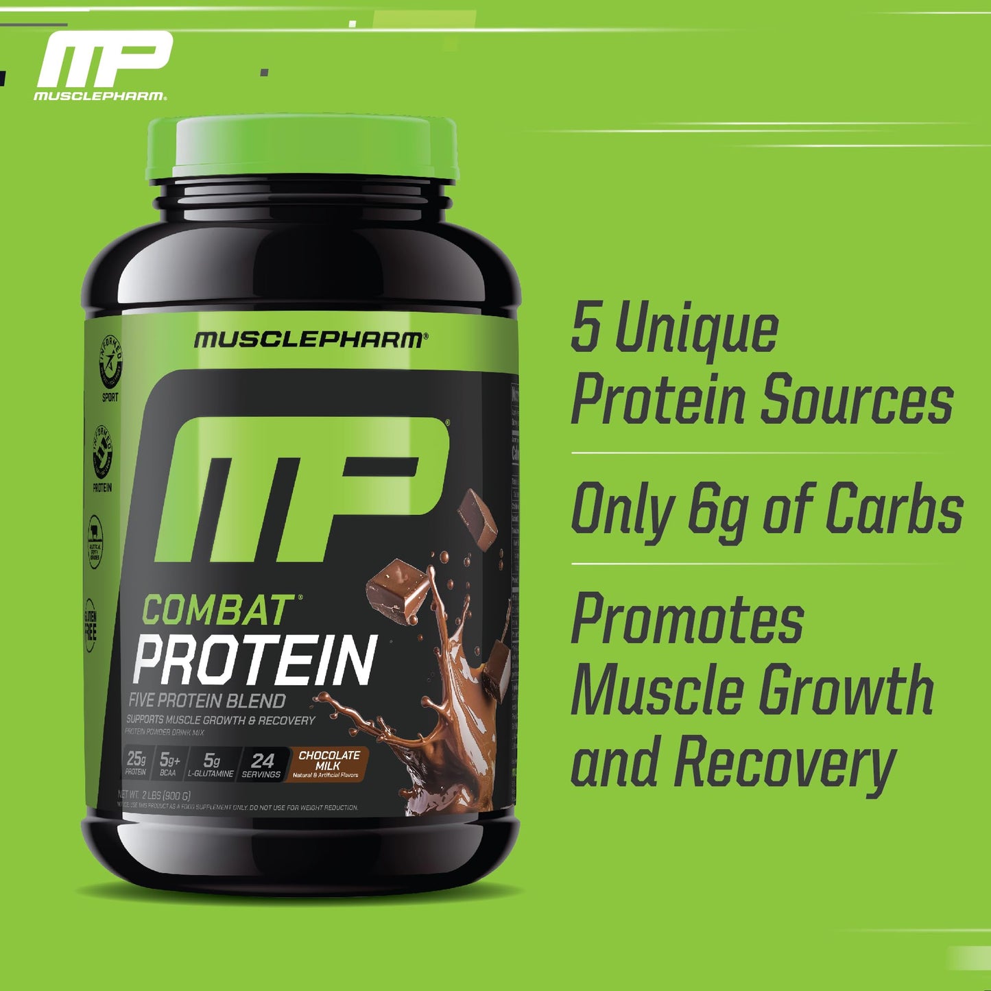 MusclePharm Combat Protein Powder, Chocolate Milk Flavor, Fuels Muscles for Productive Workouts, 5 Protein Sources Including Whey Protein Isolate & Egg Albumin, Gluten Free, 2 lb, 26 Servings
