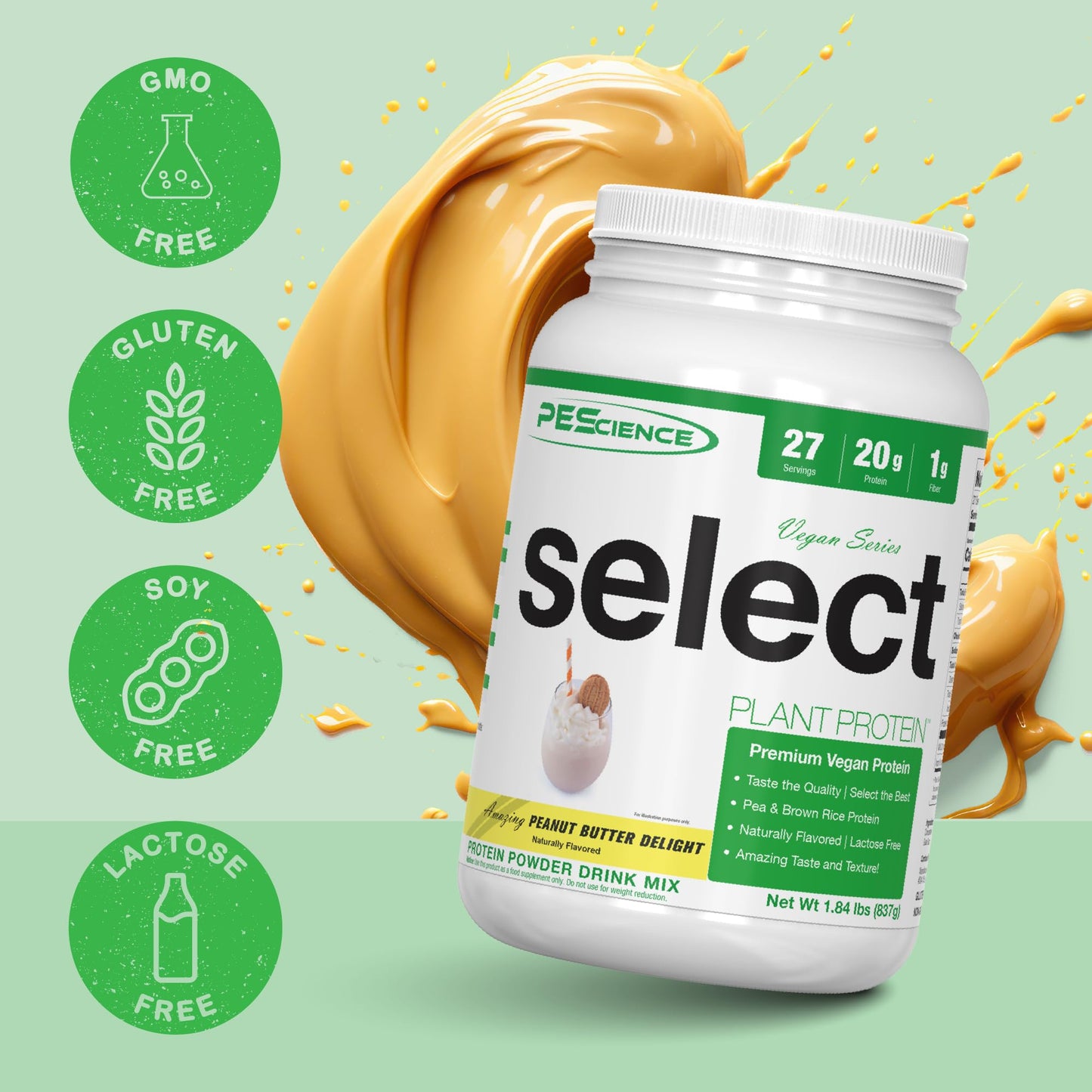 PEScience Select Vegan Plant Based Protein Powder, Peanut Butter Delight, 27 Serving, Premium Pea and Brown Rice Blend