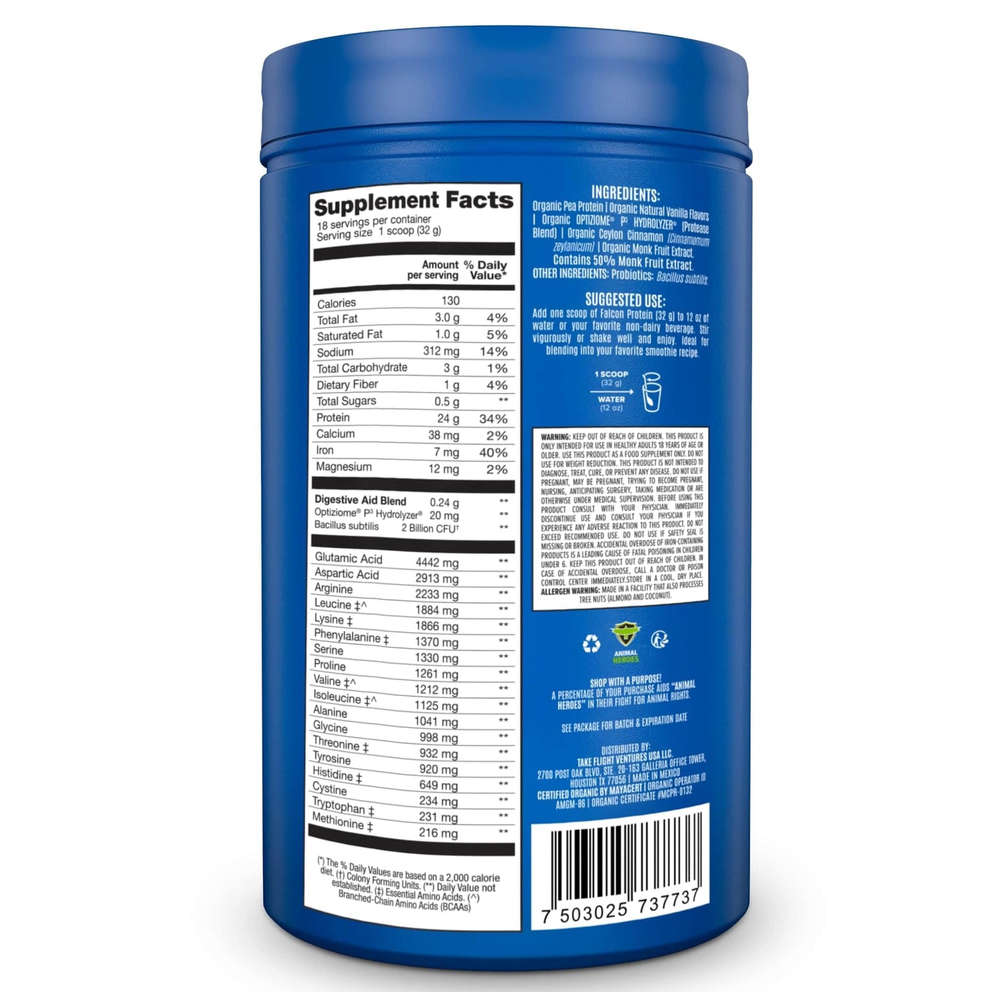BIRDMAN Falcon Organic Vegan Protein Powder Vanilla, 24g Protein, Sugar Free, Probiotics, Low Carb, Keto Friendly, Dairy Free, Lactose Free, Non Whey, Plant Based Pea Protein Powder - 20 Servings