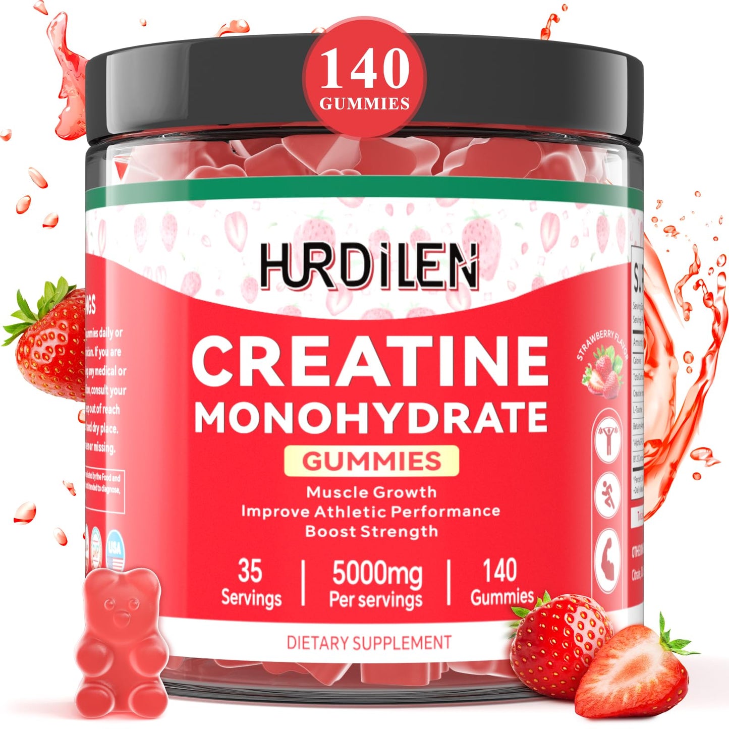 140 Count Creatine Monohydrate Gummies, 5000mg Creatine Monohydrate No Sugar Gummies for Women & Men with L-Taurine, Vitamin B12 for Muscle Strength, Muscle Recovery, Glute Builder, Energy Boost