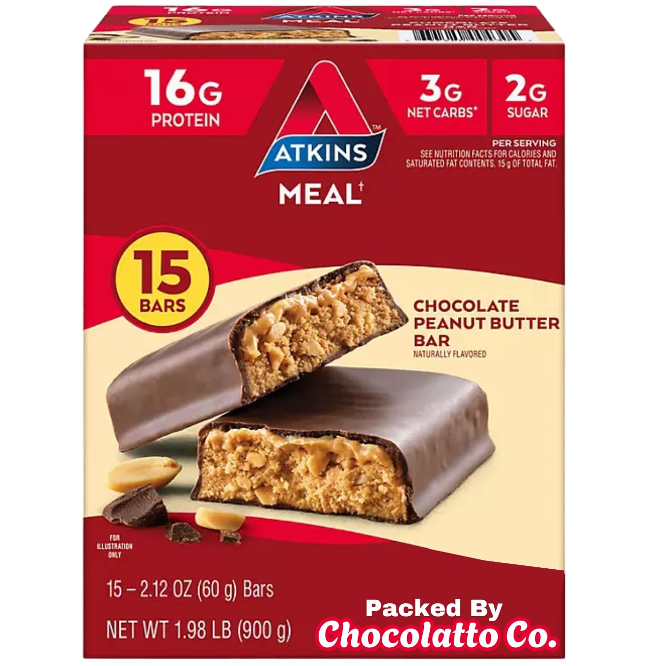 Atkins Peanut Butter Chocolate Meal Bar High Fiber, 16g Of Protein 15 Ct - Atkins High Protein Meal Bar - Peanut Butter Bar
